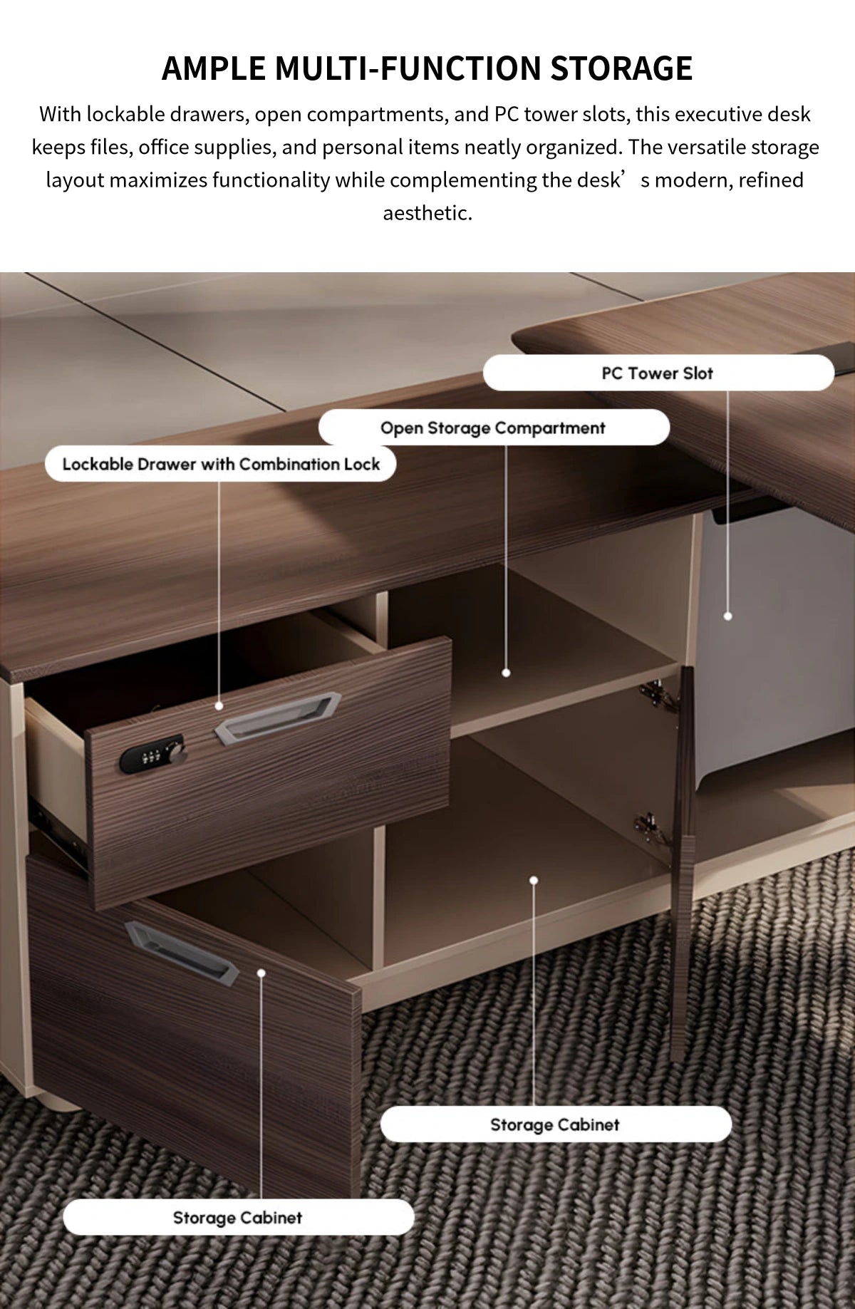 Modern Executive Desk with Cable Management, Lockable & File Drawers for Home Office — Detail image 10