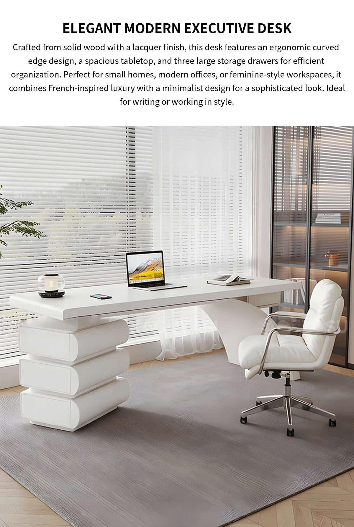 Chic Solid Wood Lacquer Executive Desk with Ergonomic Curved Edges & Ample Storage for Modern Home & Office LBZ-2342 — Detail image 1
