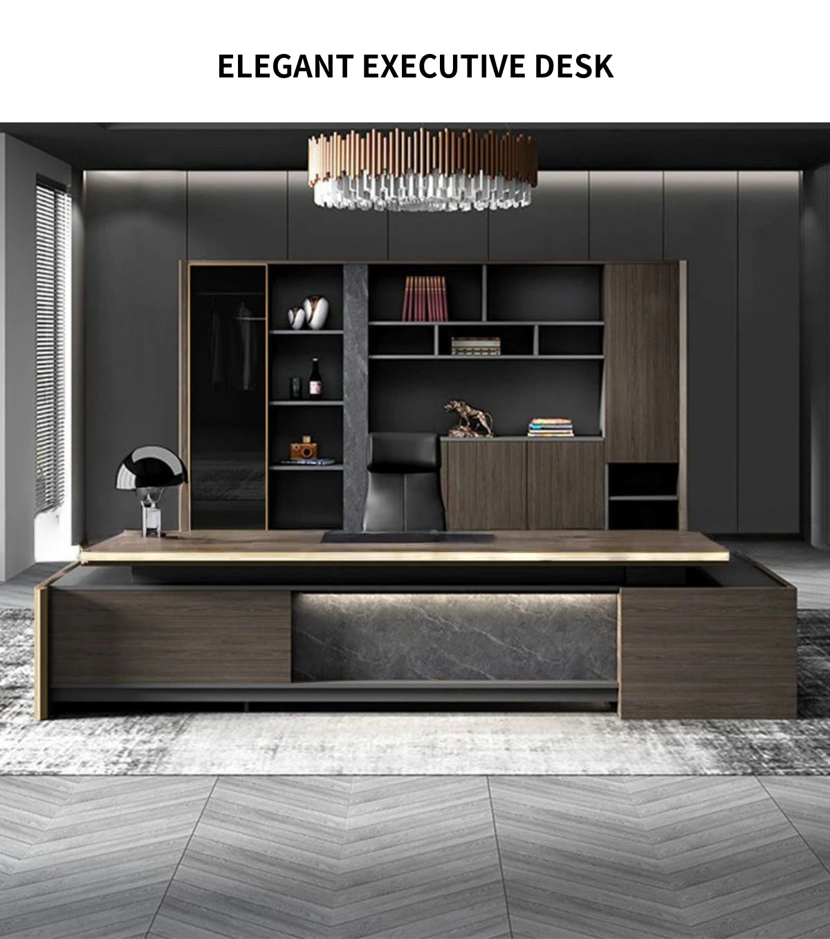 Modern Executive Desk with LED Lighting, Side Storage & Marble Top for Home Office — Detail image 1