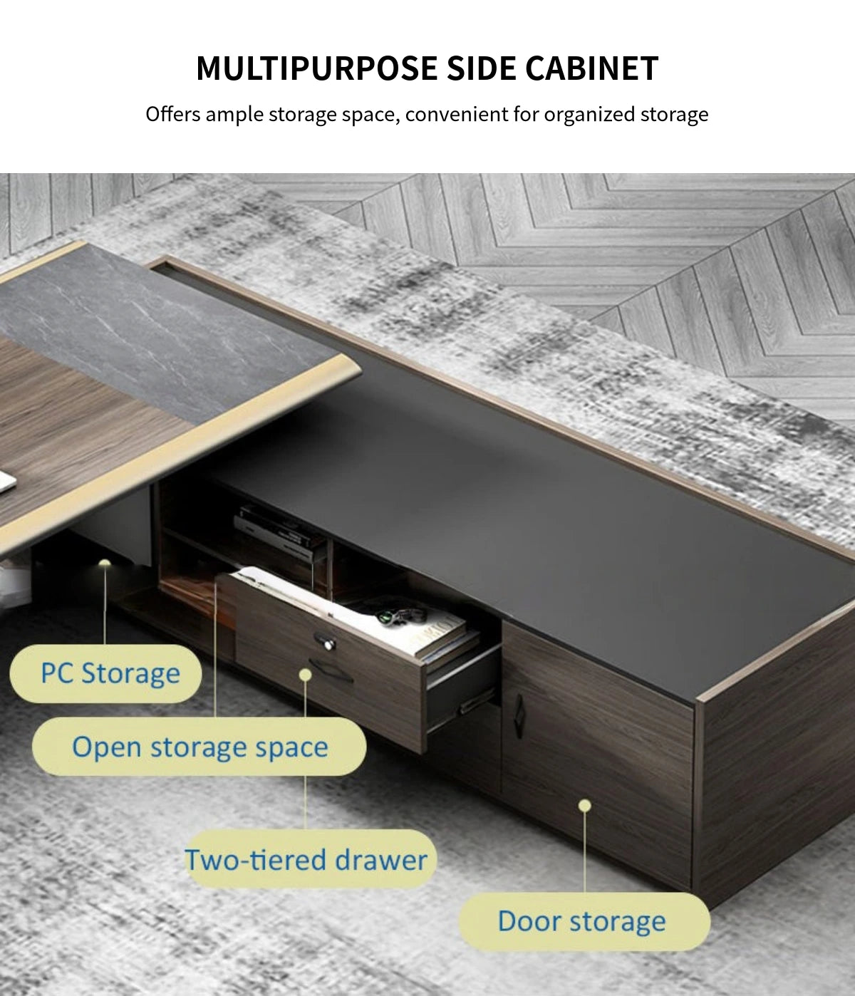 Modern Executive Desk with LED Lighting, Side Storage & Marble Top for Home Office — Detail image 5