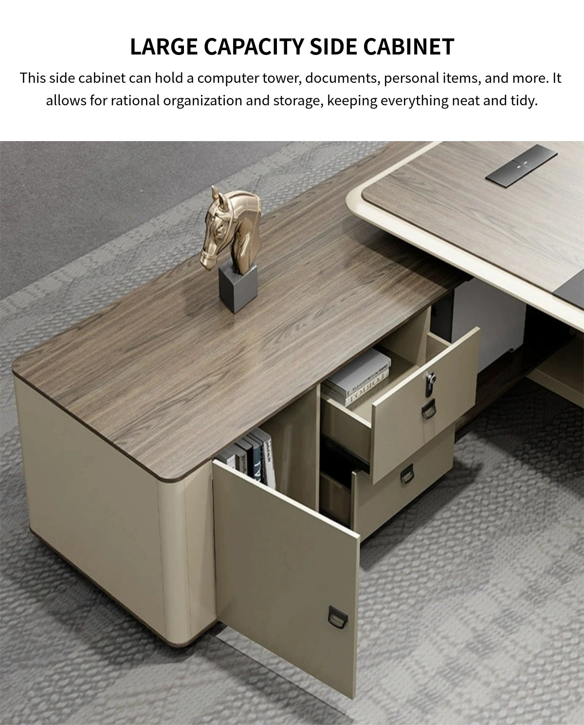 Modern Executive Desk with Boat-Shaped, Side Storage & Cable Management for Home Office — Detail image 7