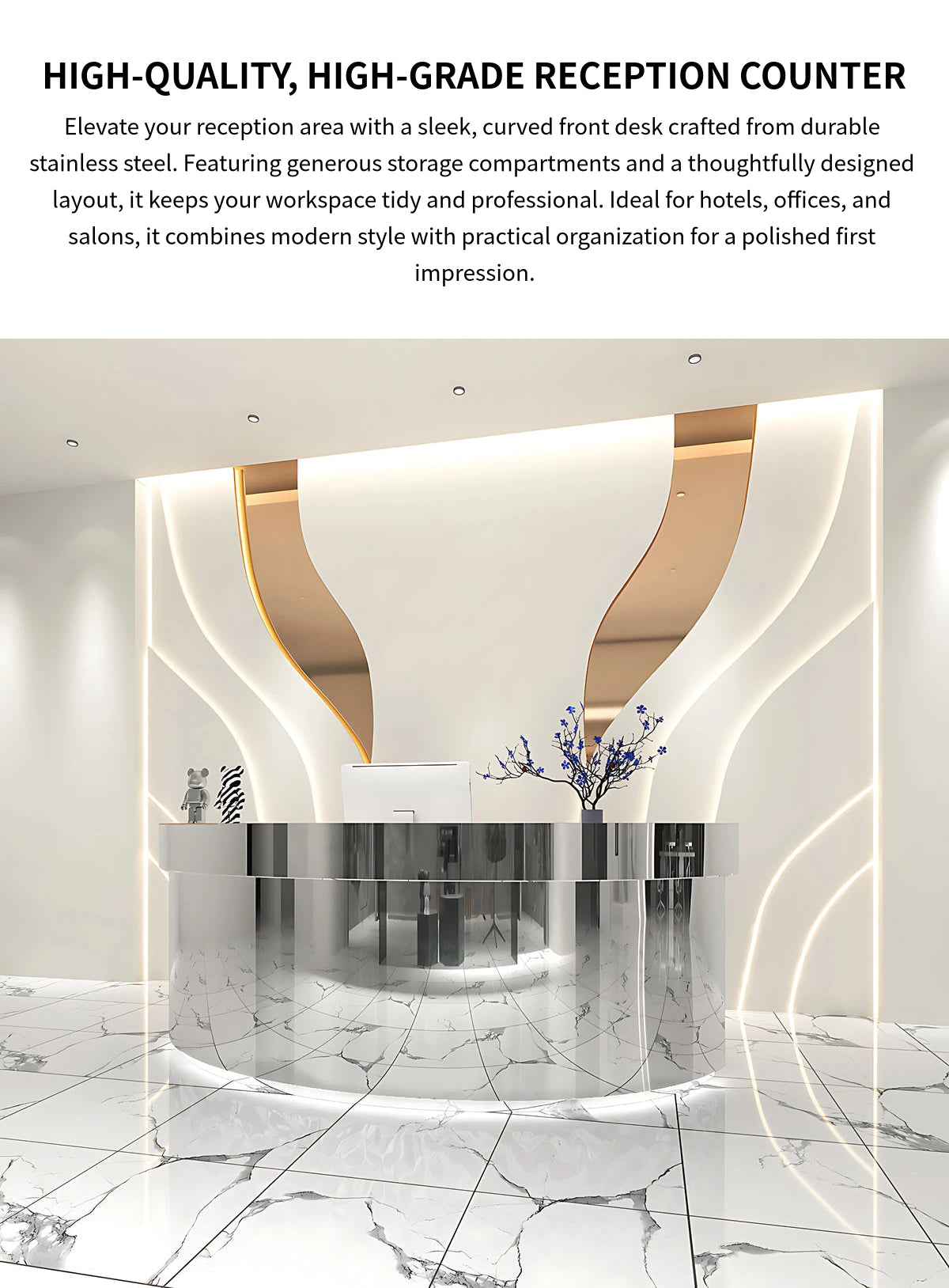 L-Shaped Reception Desk 39-118 in Wide with Lockable, Stainless Steel & File Drawers — Detail image 1