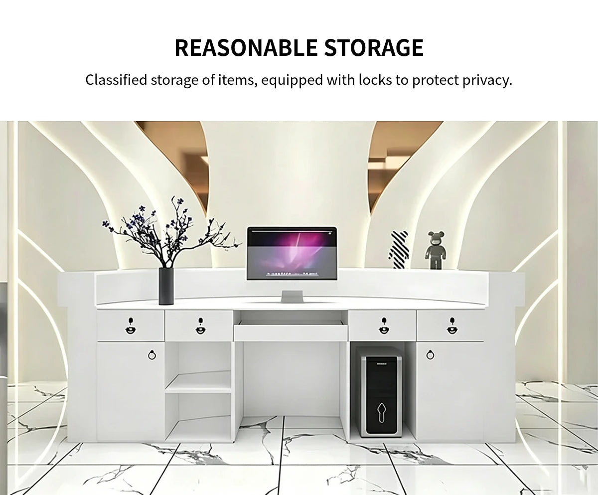 L-Shaped Reception Desk 39-118 in Wide with Lockable, Stainless Steel & File Drawers — Detail image 4