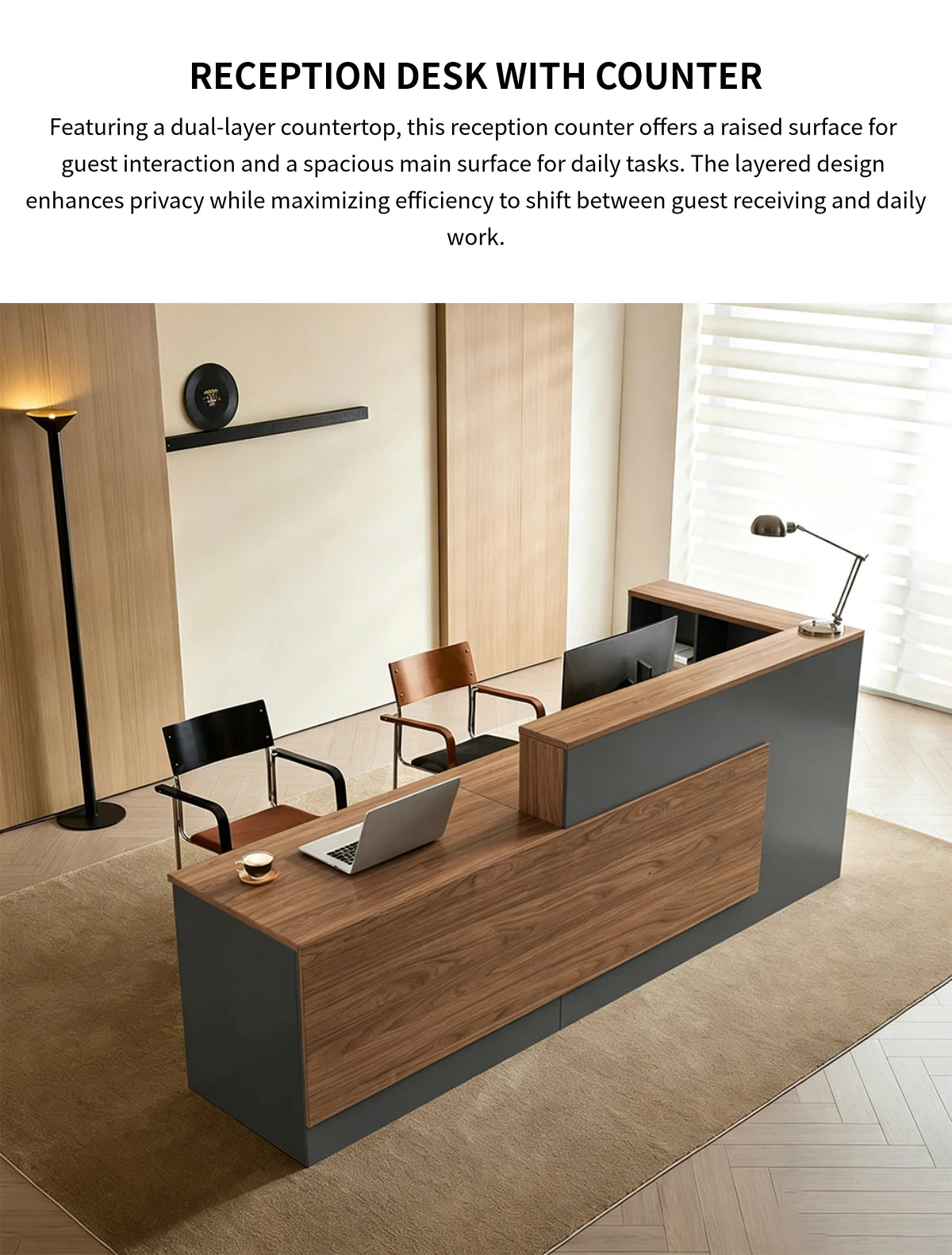 Modern Reception Desk with Keyboard Tray, Lockable & File Drawers for Office Lobby — Detail image 4
