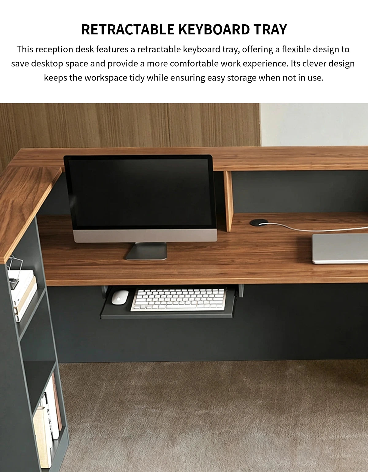 Modern Reception Desk with Keyboard Tray, Lockable & File Drawers for Office Lobby — Detail image 5