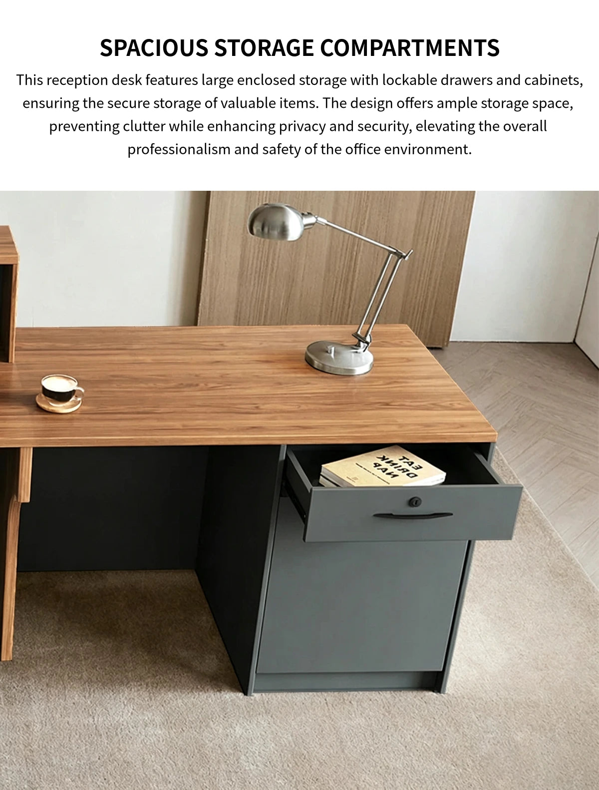 Modern Reception Desk with Keyboard Tray, Lockable & File Drawers for Office Lobby — Detail image 8