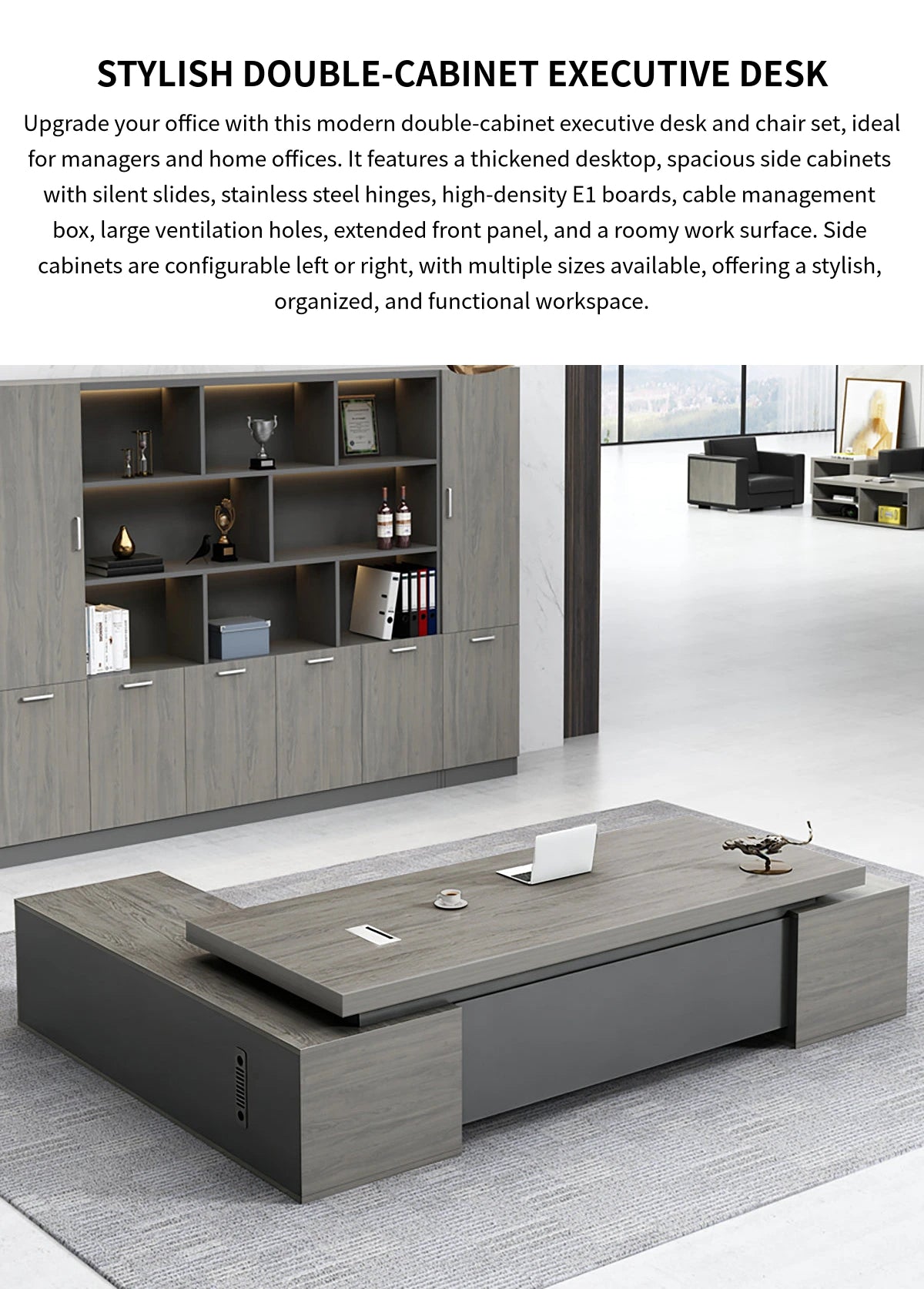 Modern Executive Desk 71-110 in Wide with Cable Management, Side Storage & Stainless Steel — Detail image 1