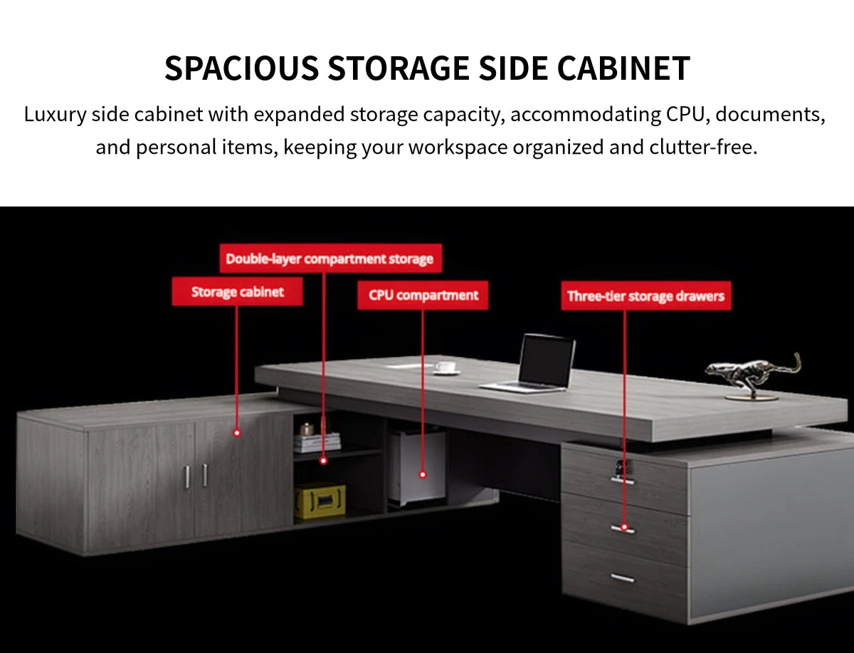 Modern Executive Desk 71-110 in Wide with Cable Management, Side Storage & Stainless Steel — Detail image 10