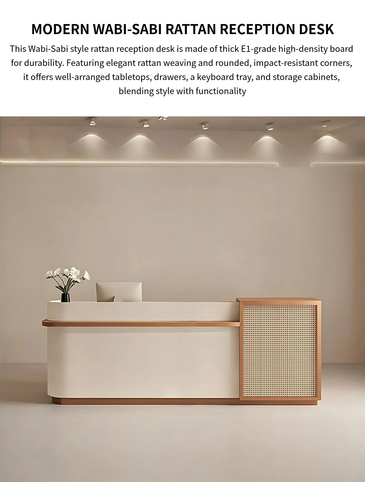 Curved Reception Desk with Rattan, File Drawers & Keyboard Tray for Retail — Detail image 1