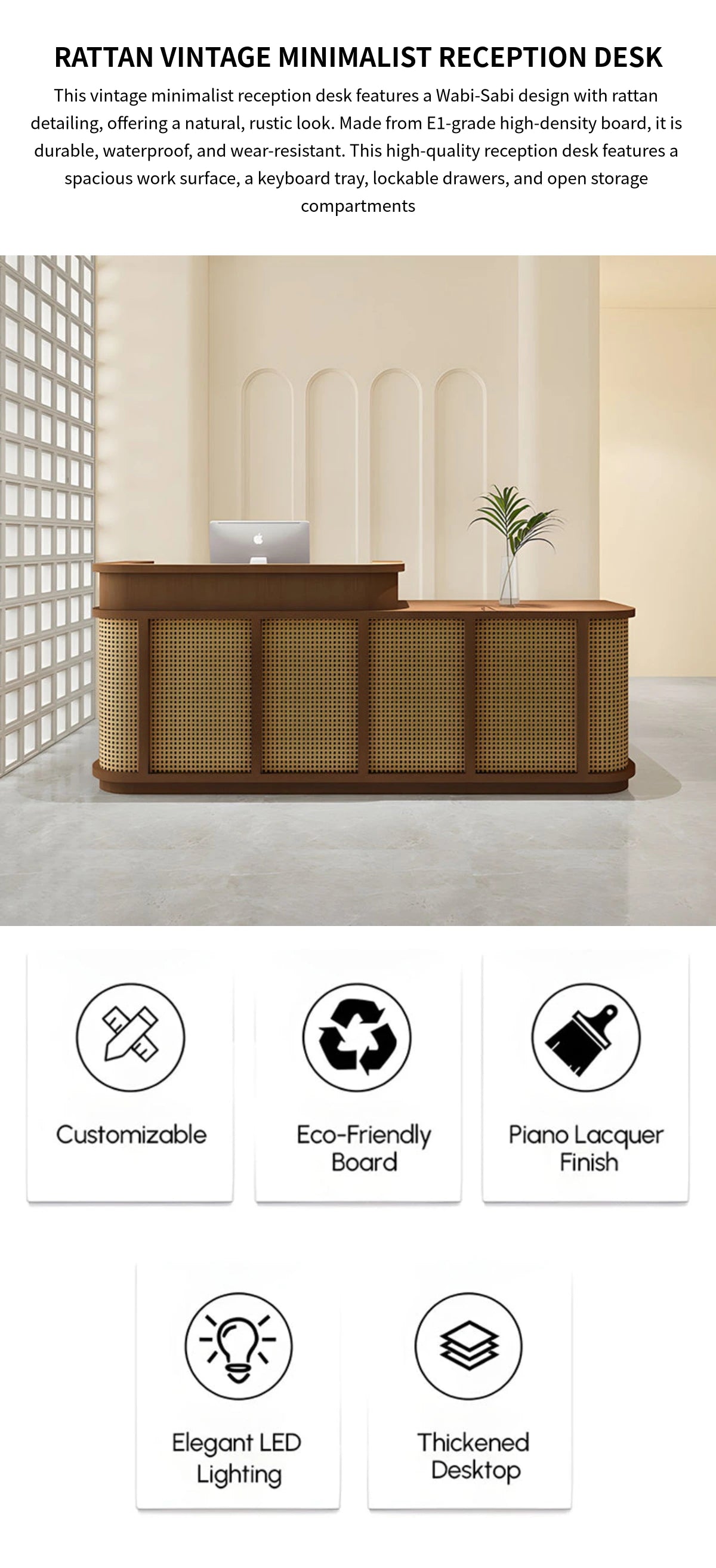Curved Reception Desk with Keyboard Tray, Rattan & Lockable for Office Lobby — Detail image 1