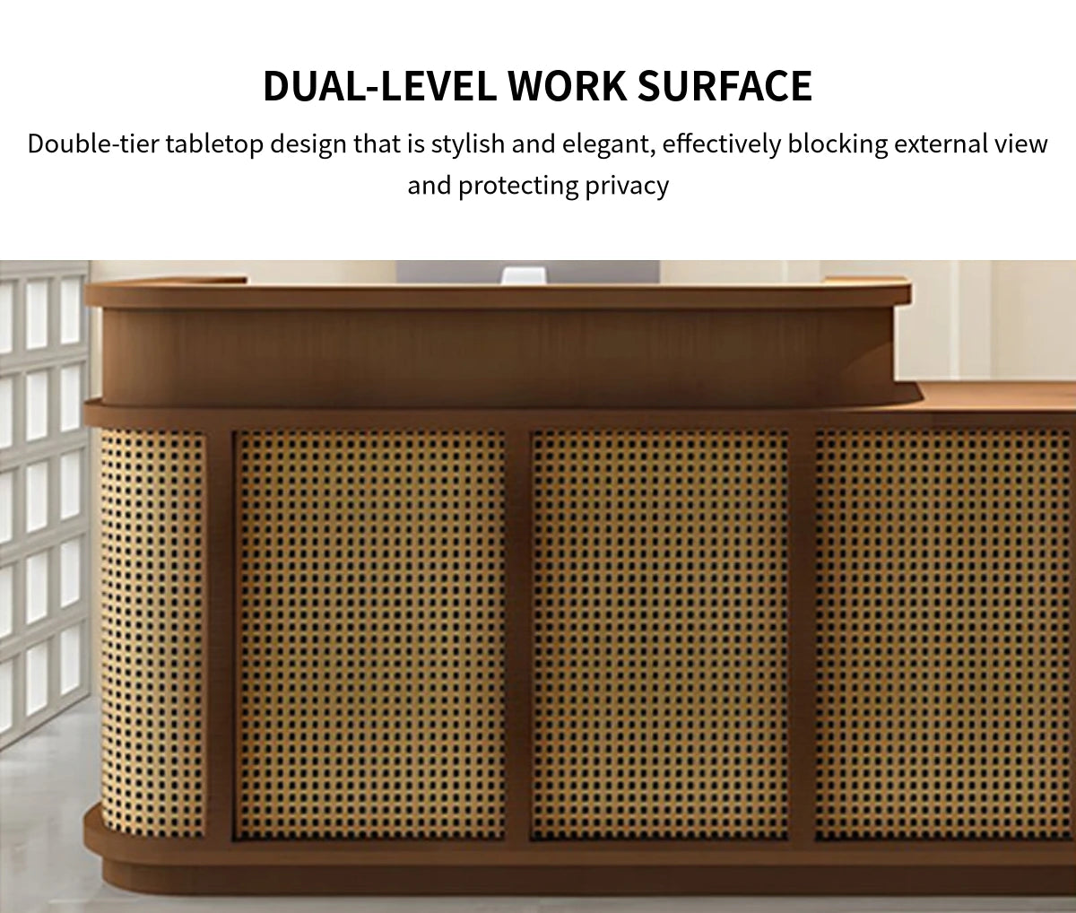 Curved Reception Desk with Keyboard Tray, Rattan & Lockable for Office Lobby — Detail image 5