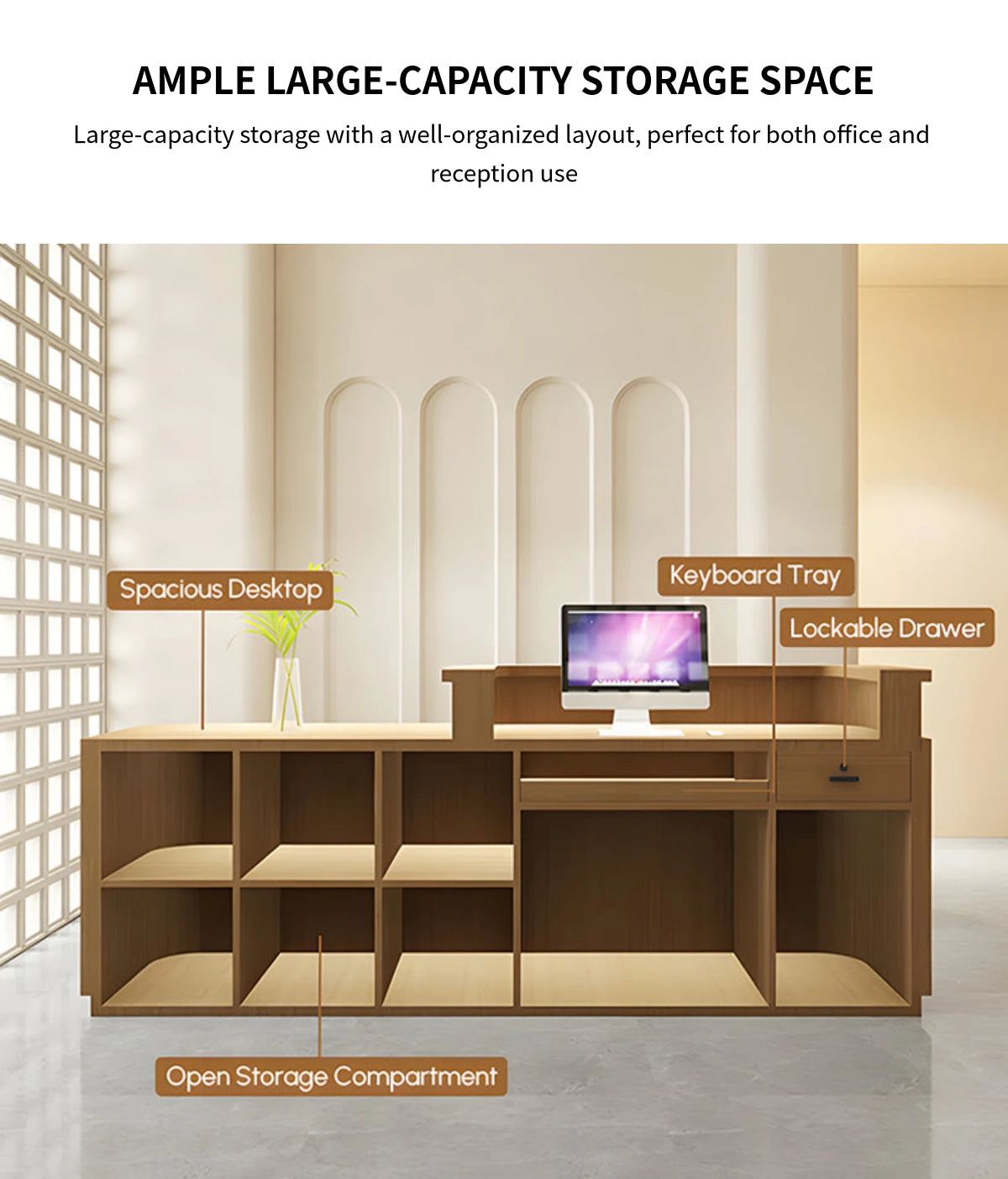 Curved Reception Desk with Keyboard Tray, Rattan & Lockable for Office Lobby — Detail image 7