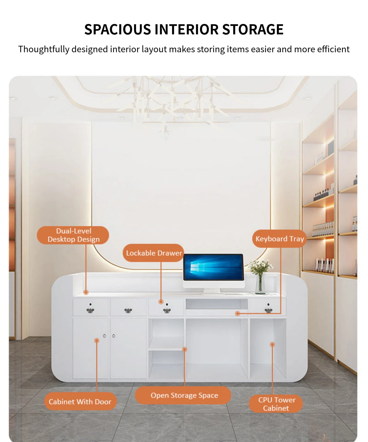 Curved Reception Desk 39-94 in Wide with LED Lighting & Lumbar Support for Salon — Detail image 9