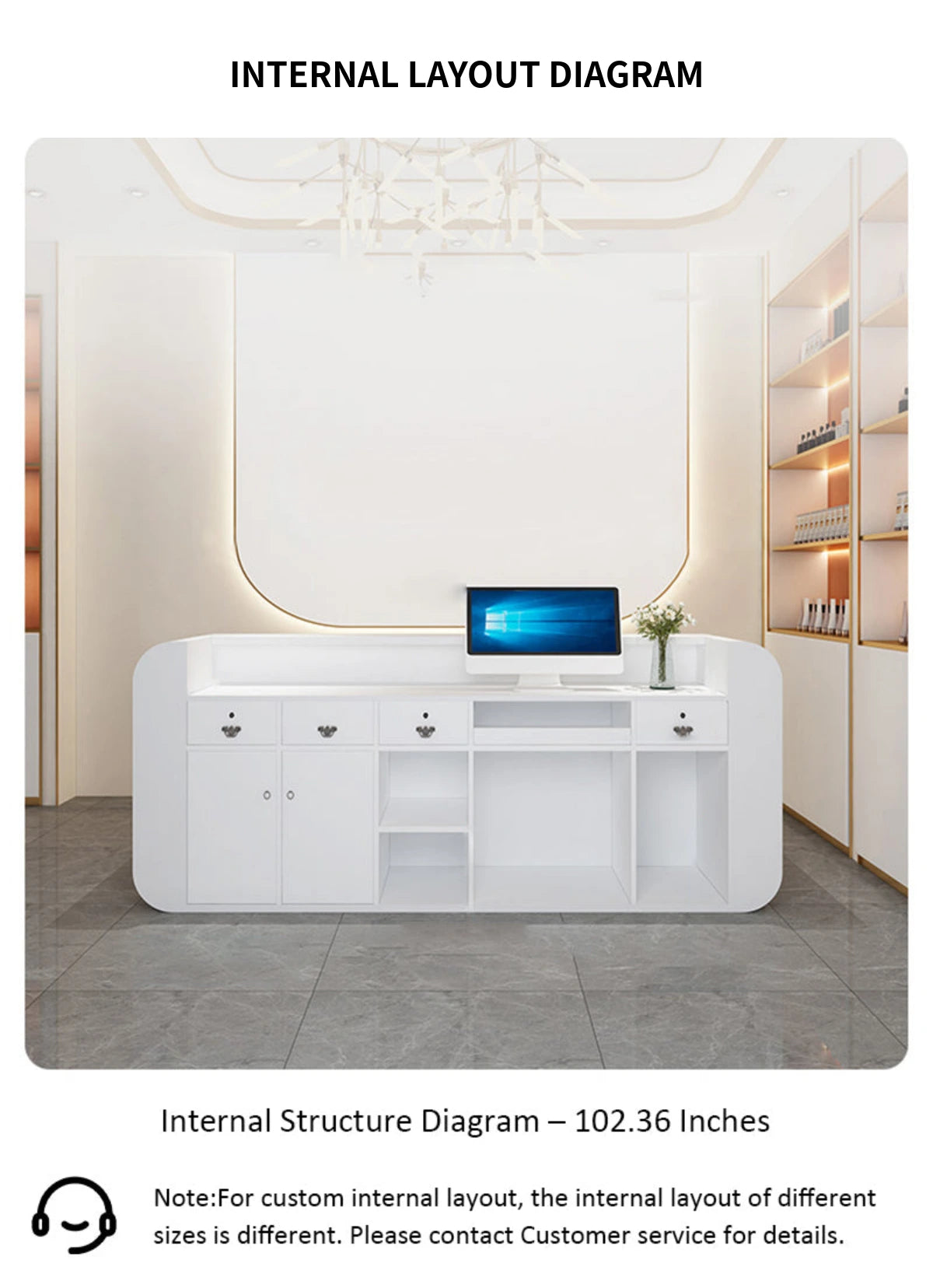 Curved Reception Desk 39-94 in Wide with LED Lighting & Lumbar Support for Salon — Detail image 10