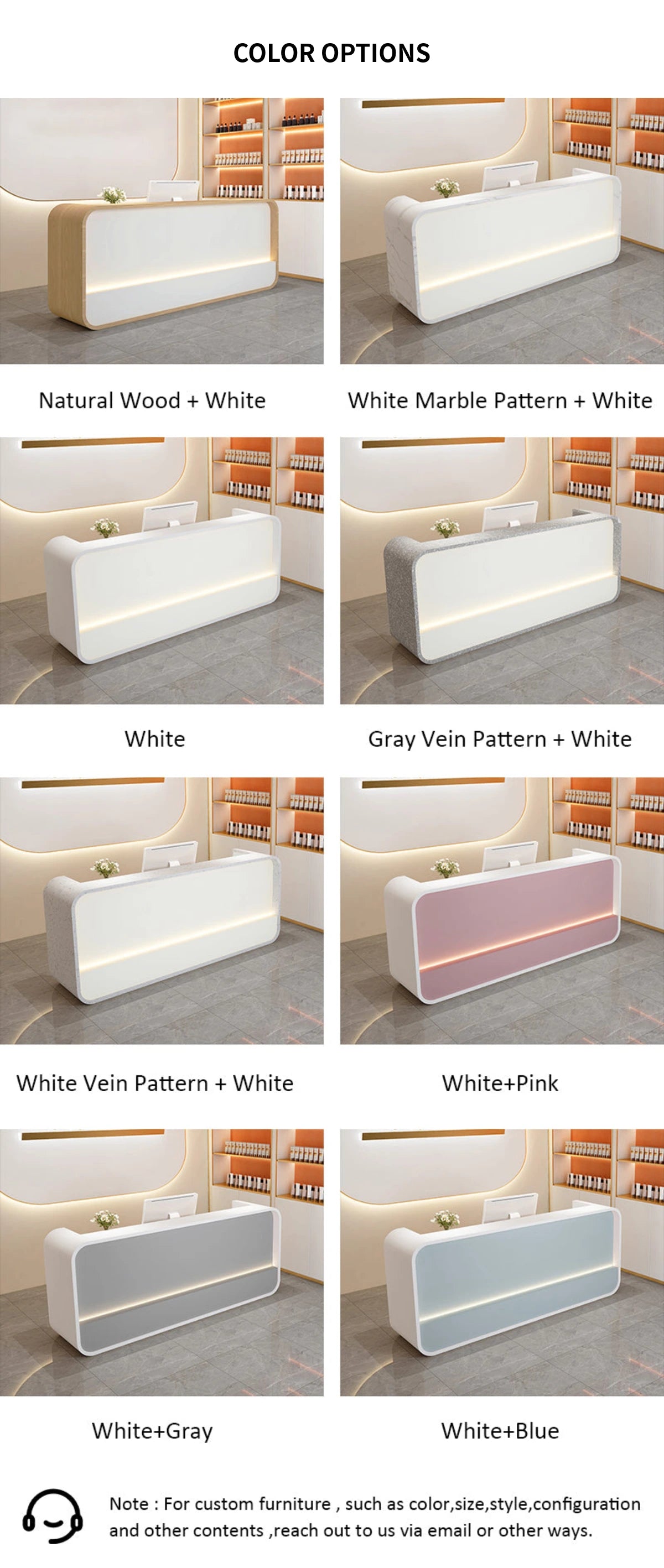 Curved Reception Desk 39-94 in Wide with LED Lighting & Lumbar Support for Salon — Detail image 12