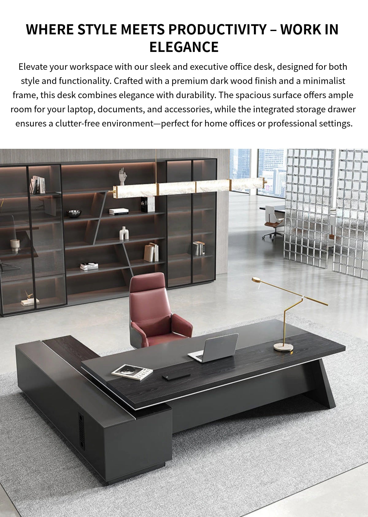L-Shaped Executive Desk 79-87 in Wide with File Drawers for Home Office — Detail image 1