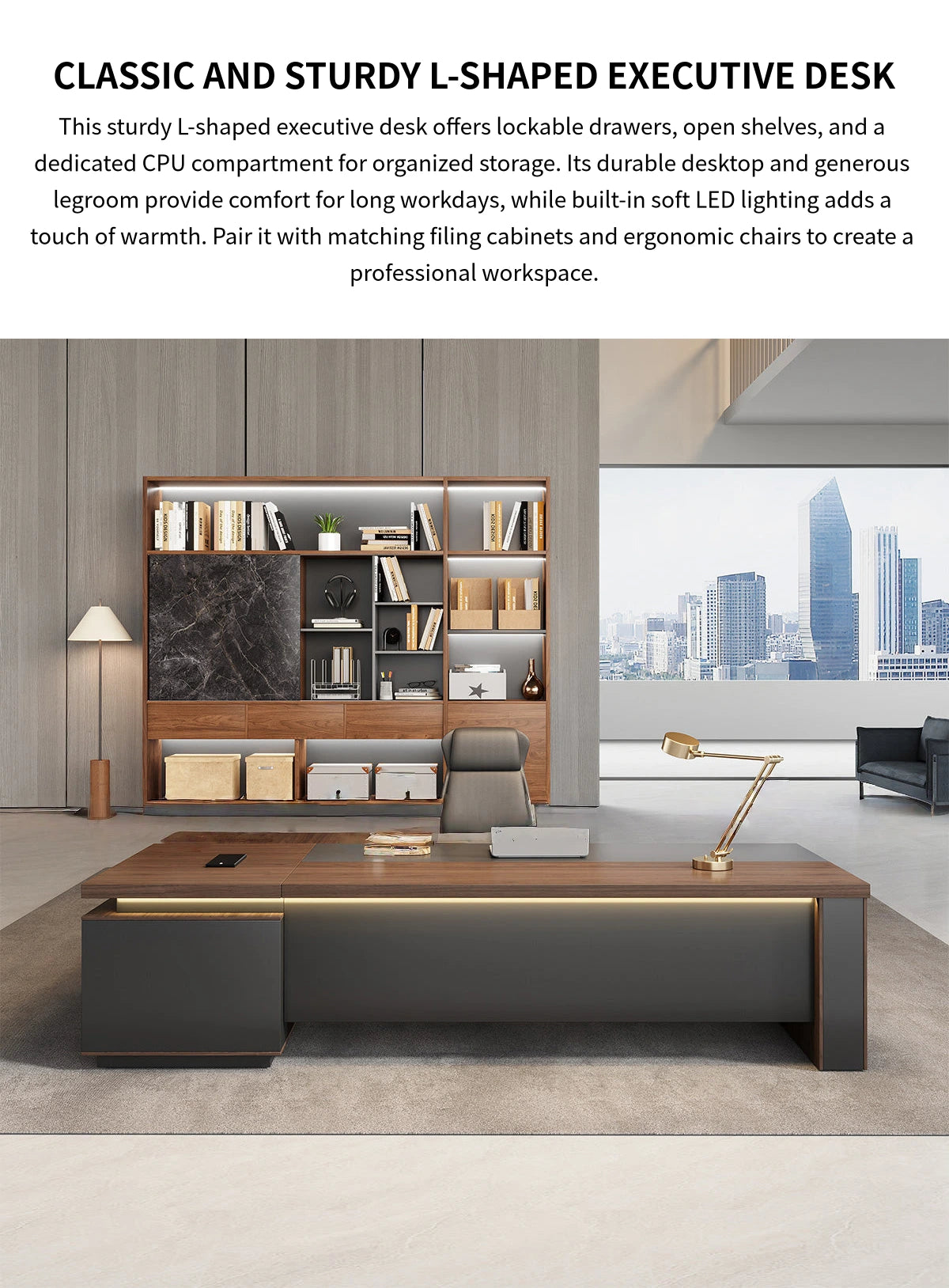 L-Shaped Executive Desk with LED Lighting, Lockable & File Drawers for Home Office — Detail image 1