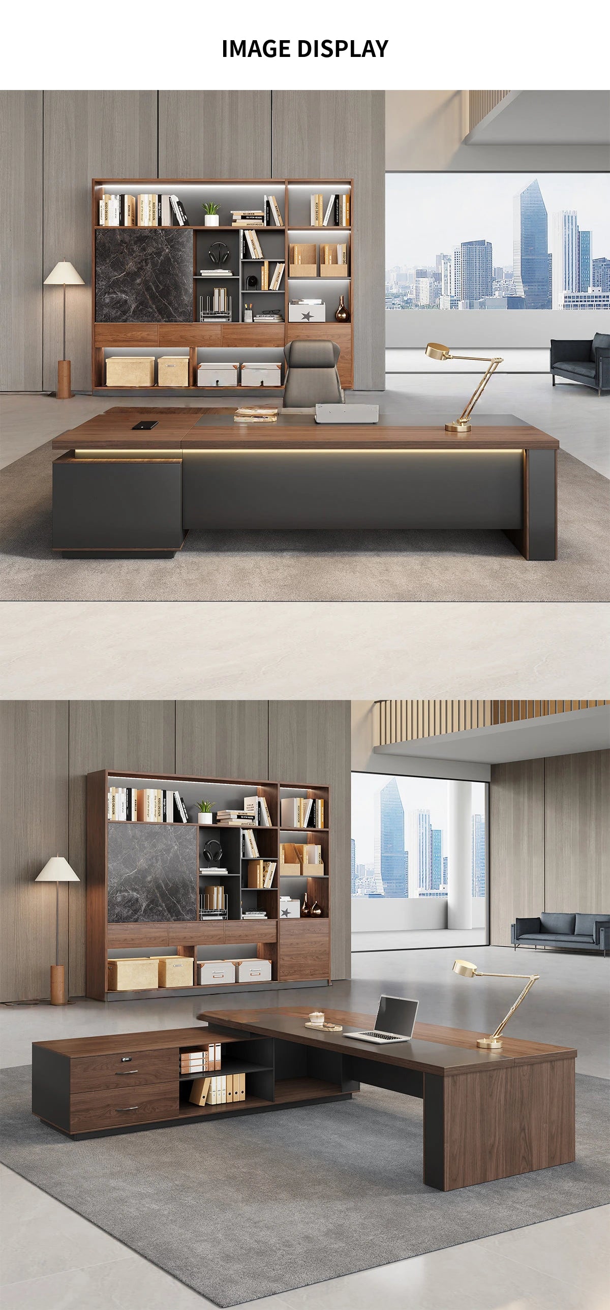 L-Shaped Executive Desk with LED Lighting, Lockable & File Drawers for Home Office — Detail image 6