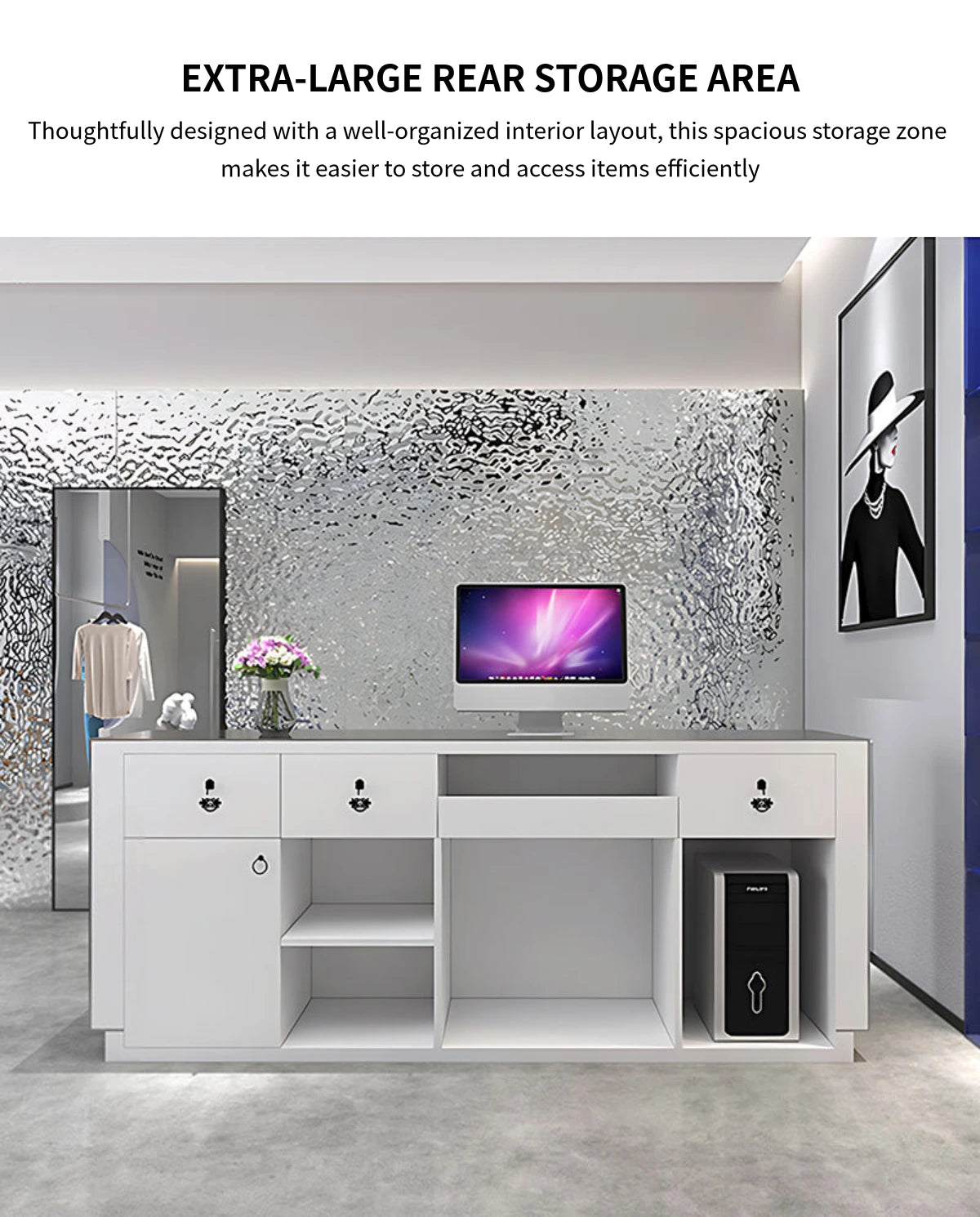 Curved Reception Desk 39-110 in Wide with LED Lighting, Stainless Steel & Lumbar Support — Detail image 7