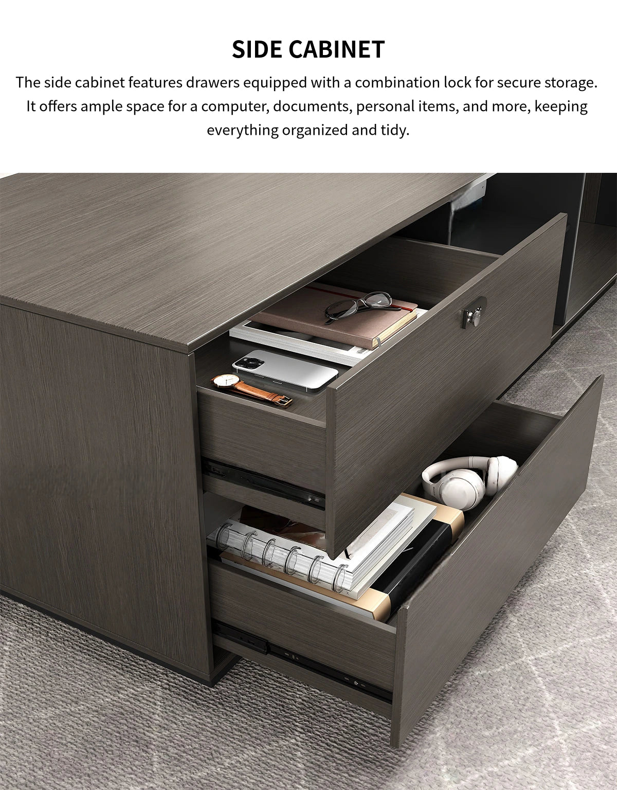 L-Shaped Executive Desk with Side Storage, Built-In Outlets & Cable Management — Detail image 3