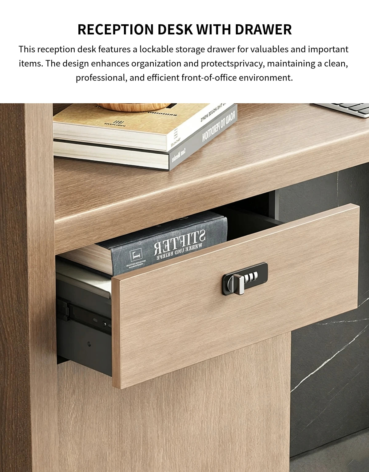 Salon Reception Desk 71-94 in Wide with Cable Management, Lockable & Lumbar Support — Detail image 7