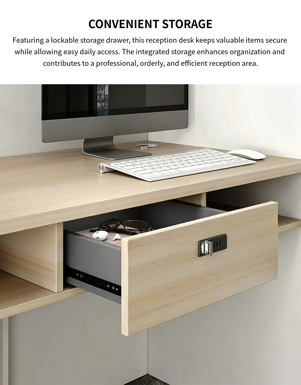 Salon Reception Desk 47 in Wide with Cable Management, Lockable & Solid Wood for Salon — Detail image 5