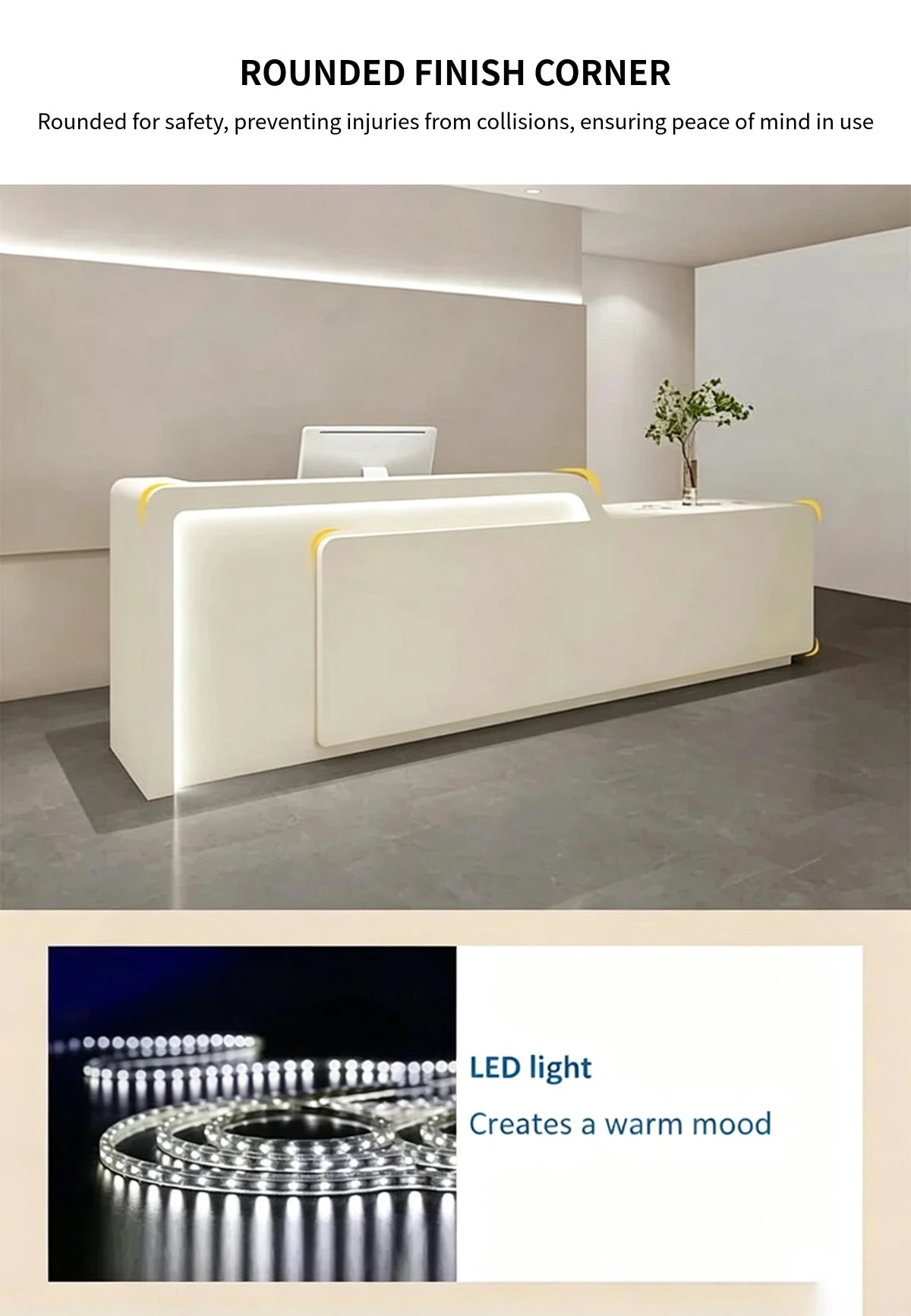 Curved Reception Desk 47-165 in Wide with LED Lighting, Lockable & File Drawers for Salon — Detail image 2