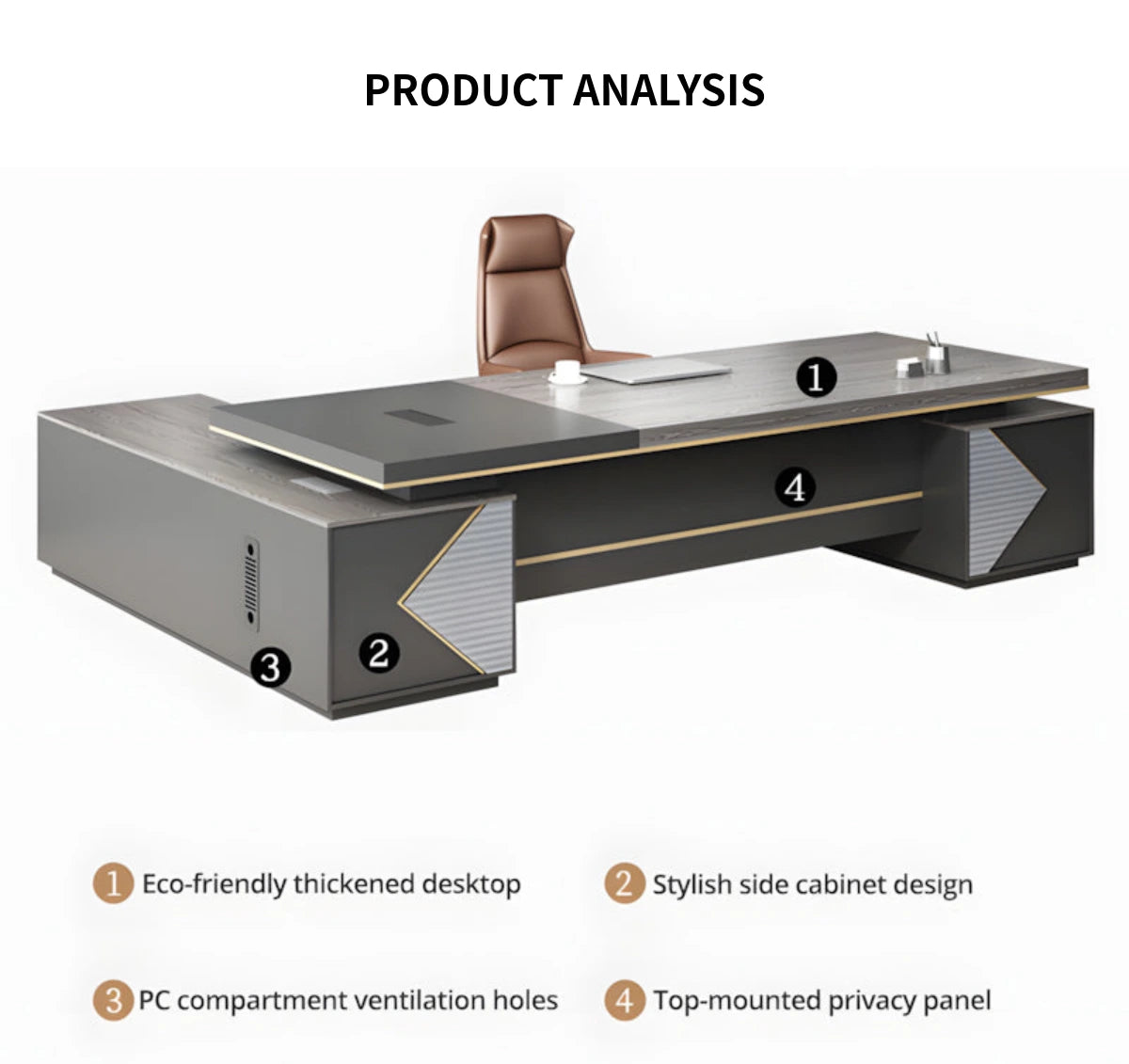 Modern Executive Desk with Cable Management, Side Storage & Lumbar Support for Home Office — Detail image 4