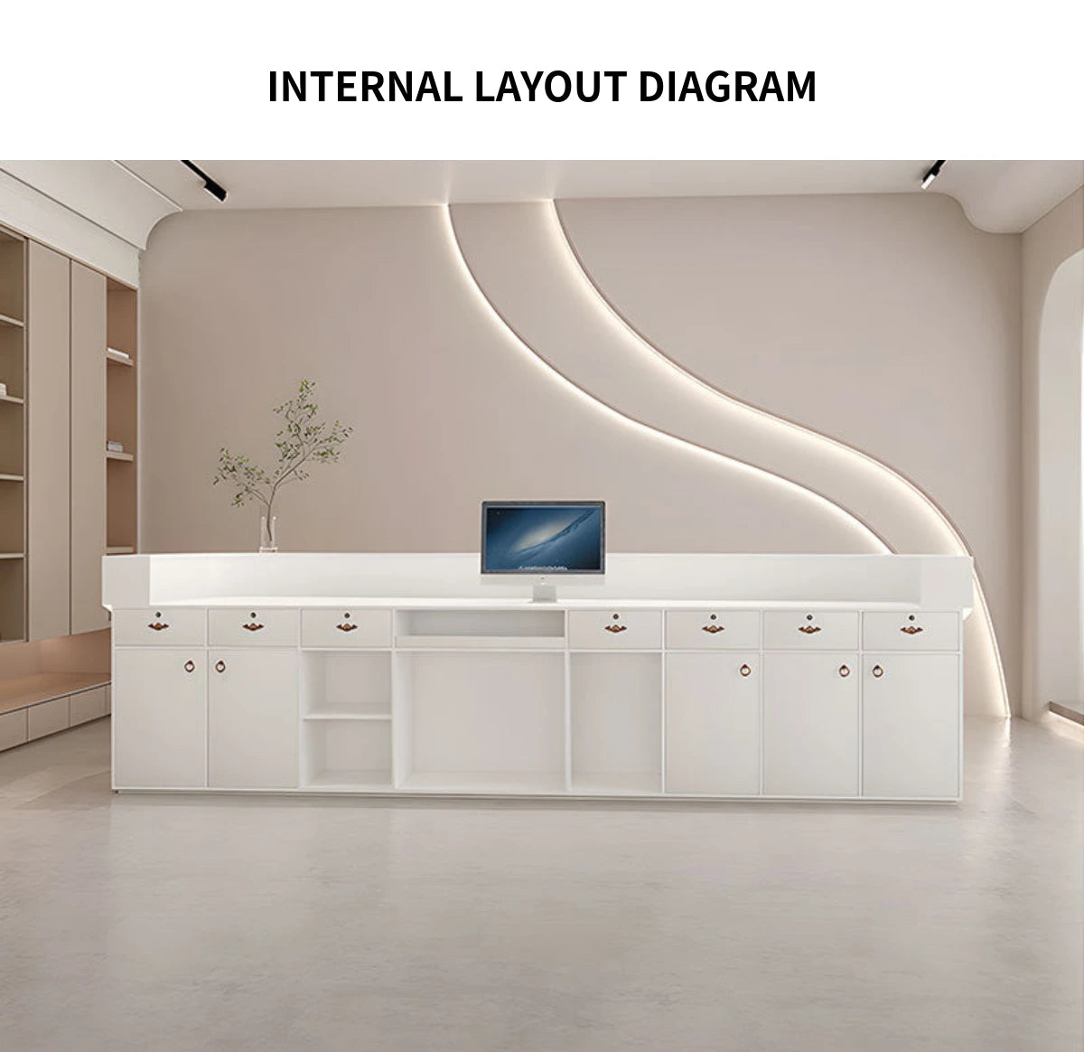 Curved Reception Desk 79-142 in Wide with File Drawers, LED Lighting & Transaction Counter — Detail image 8