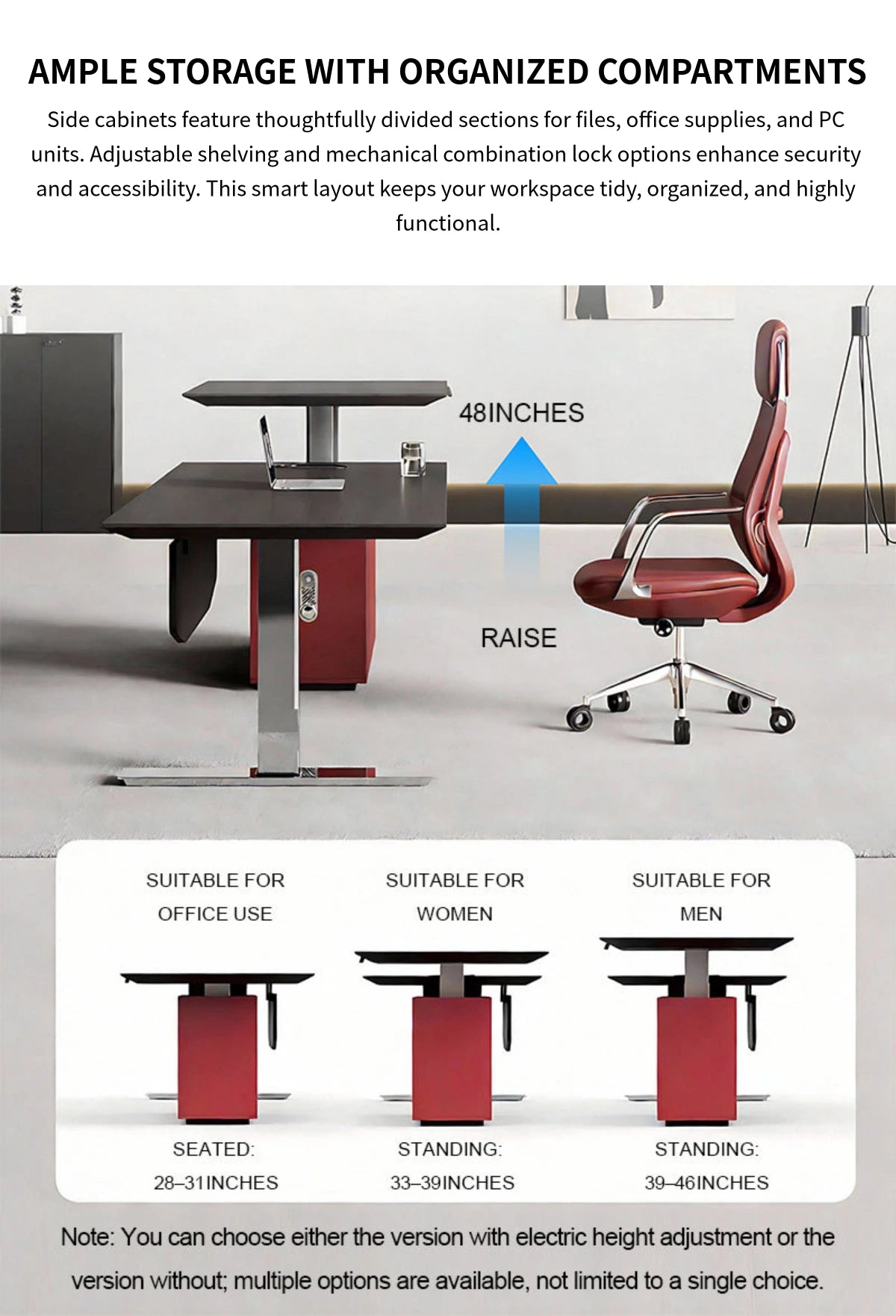 Executive Desk 94-126 in Wide with Built-In Outlets, Wireless Charging & Cable Management — Detail image 8