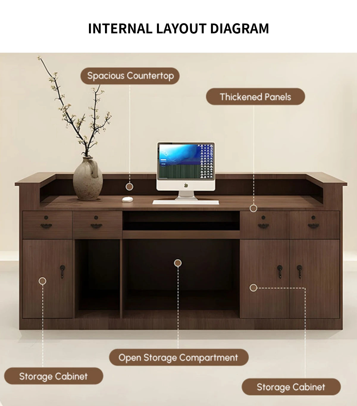 Modern Reception Desk with Rattan, File Drawers & Lockable for Office Lobby — Detail image 5