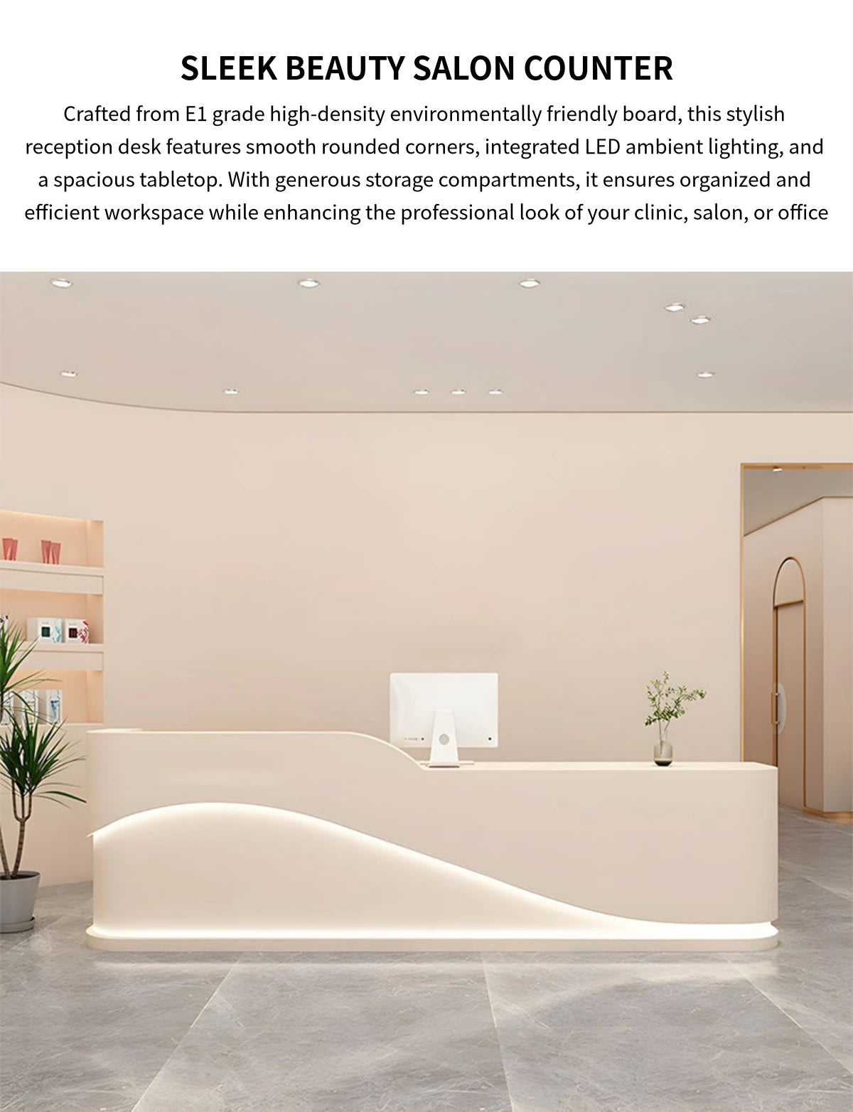 Curved Reception Desk 47-94 in Wide with Keyboard Tray, File Drawers & LED Lighting — Detail image 1