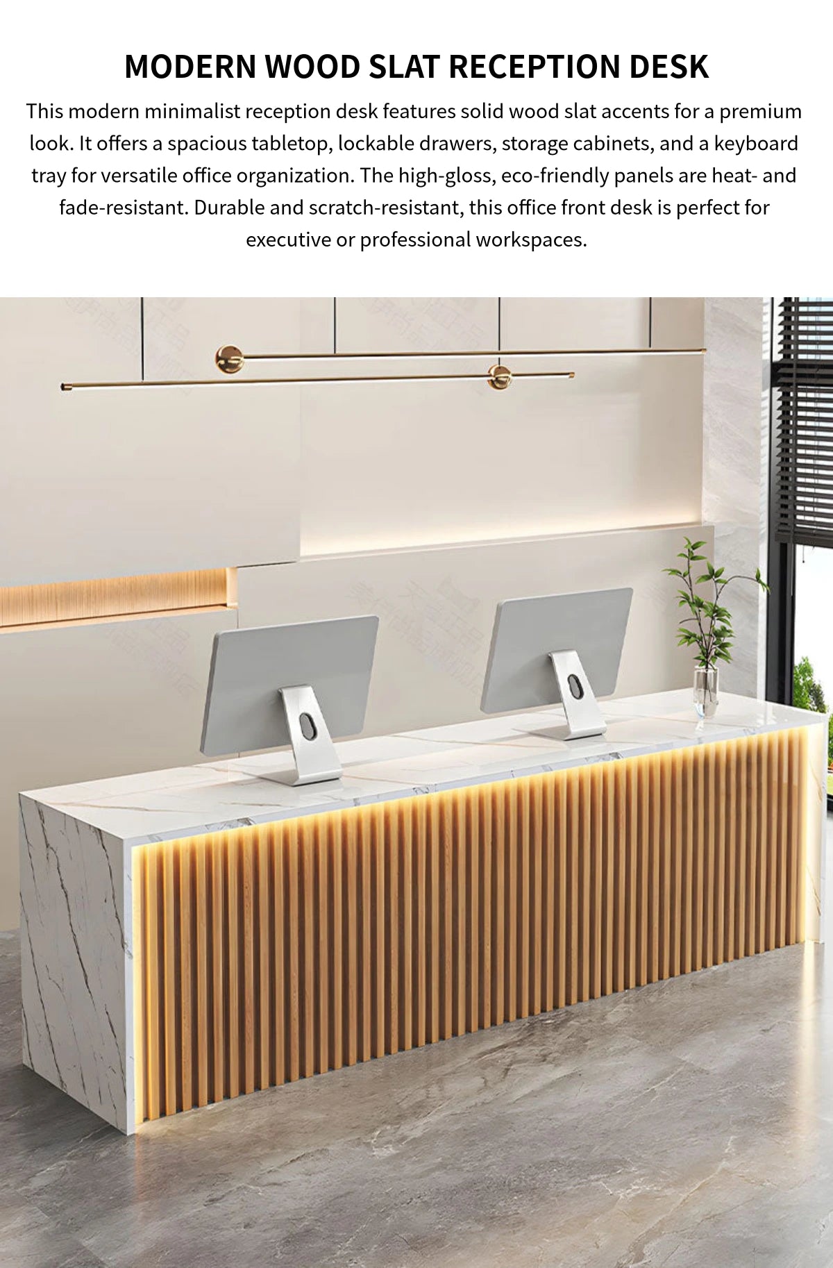 Modern Reception Desk with Keyboard Tray, Lockable & LED Lighting for Office Lobby — Detail image 1