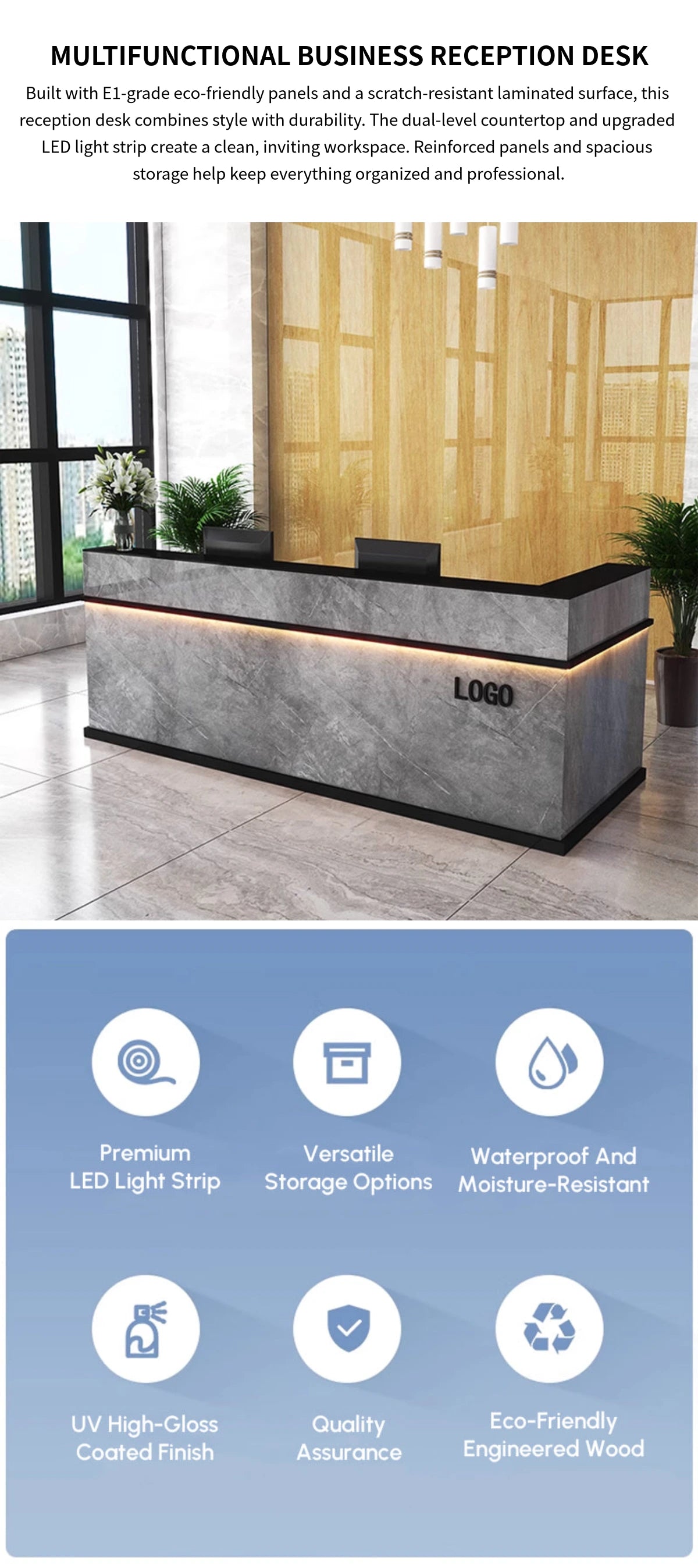 Curved Reception Desk 71-134 in Wide with Keyboard Tray, Lockable & LED Lighting for Salon — Detail image 1