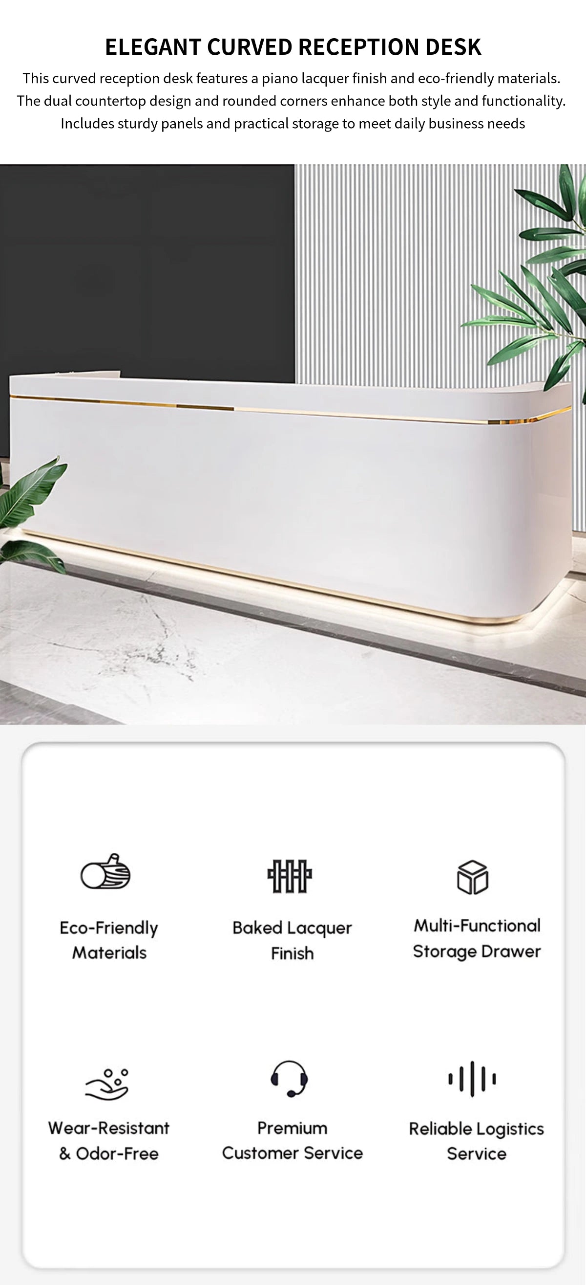 Curved Reception Desk with LED Lighting, File Drawers & Lumbar Support for Hotel Lobby — Detail image 1