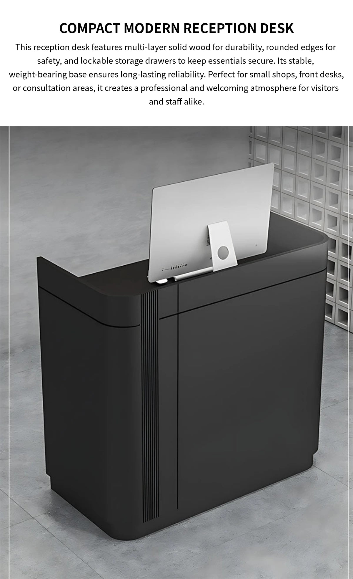 Curved Reception Desk 28-79 in Wide with Lockable, Solid Wood & File Drawers for Salon — Detail image 1
