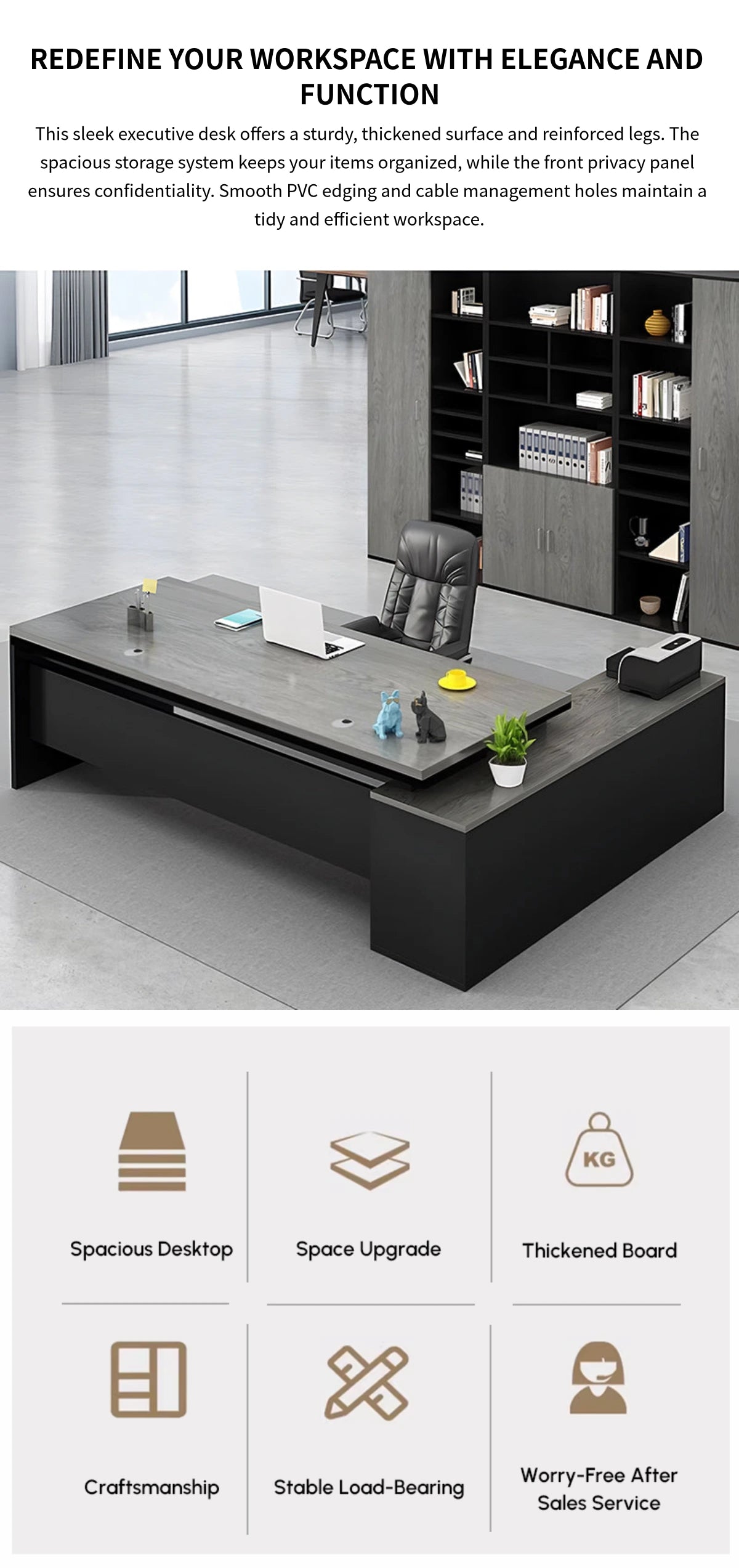 Modern Executive Desk with Cable Management, Side Storage & Privacy Panel for Home Office — Detail image 1