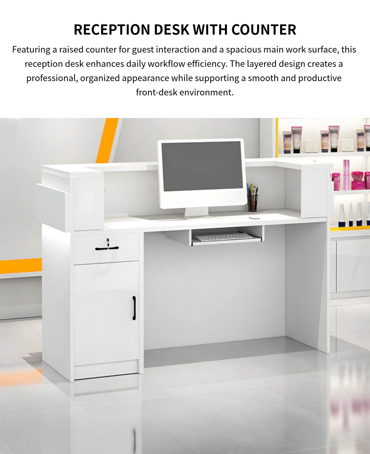Curved Reception Desk 39-181 in Wide with Dual-Tone, Lockable & File Drawers for Retail — Detail image 3