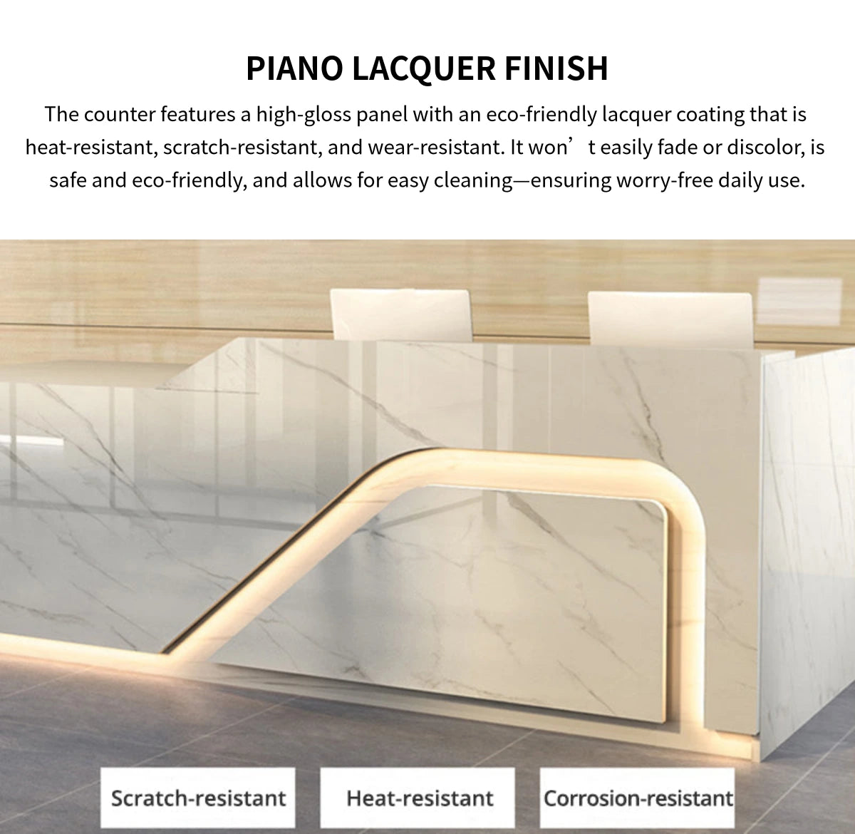 Curved Reception Desk 79-126 in Wide with LED Lighting, Lockable & Keyboard Tray — Detail image 7