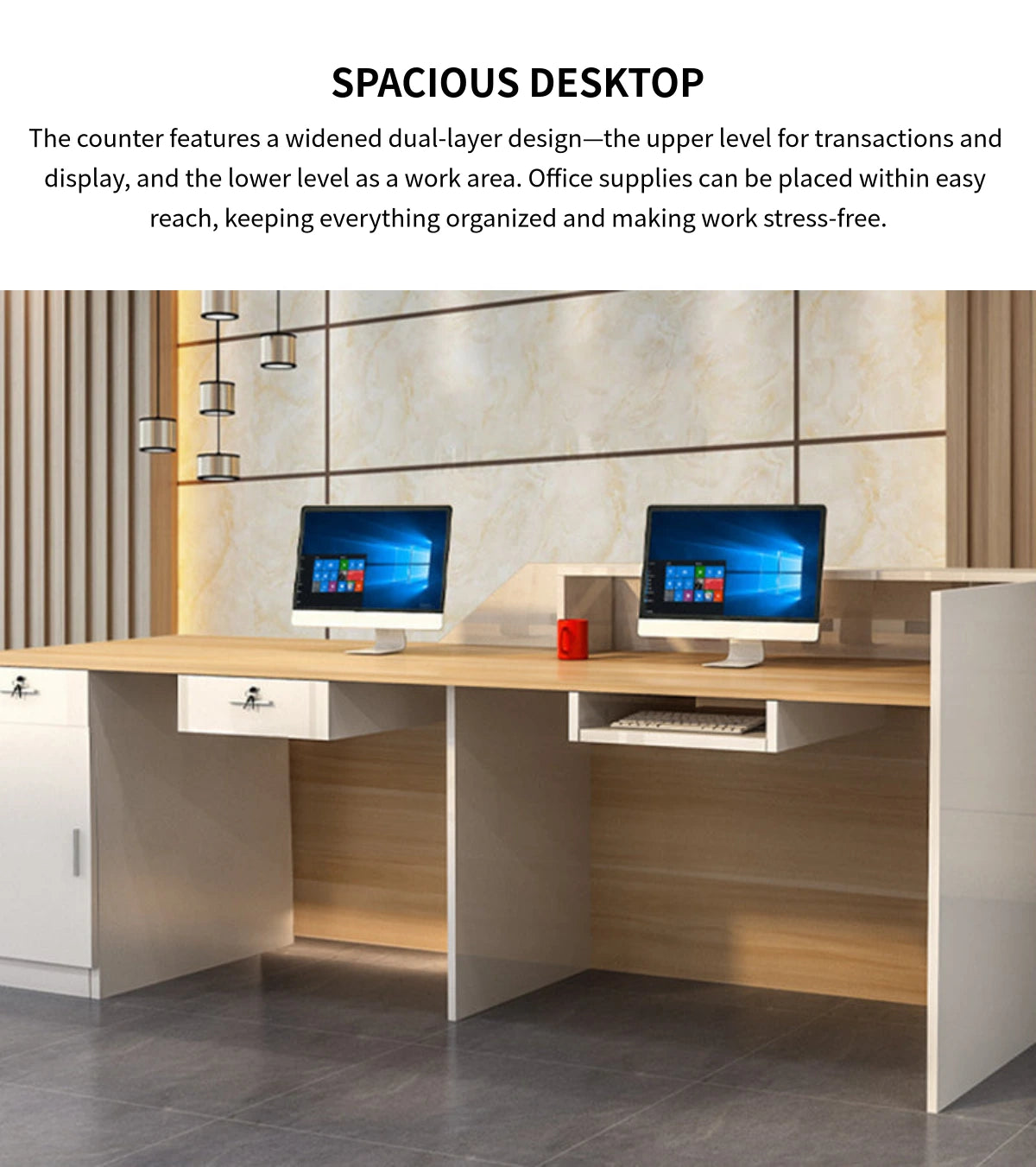 Curved Reception Desk 79-126 in Wide with LED Lighting, Lockable & Keyboard Tray — Detail image 8