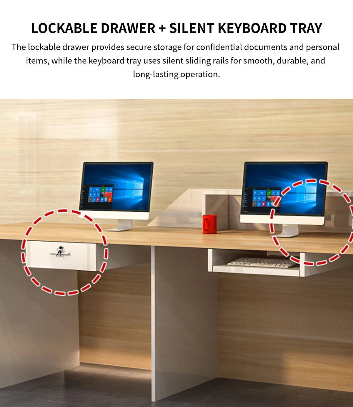 Curved Reception Desk 79-126 in Wide with LED Lighting, Lockable & Keyboard Tray — Detail image 10