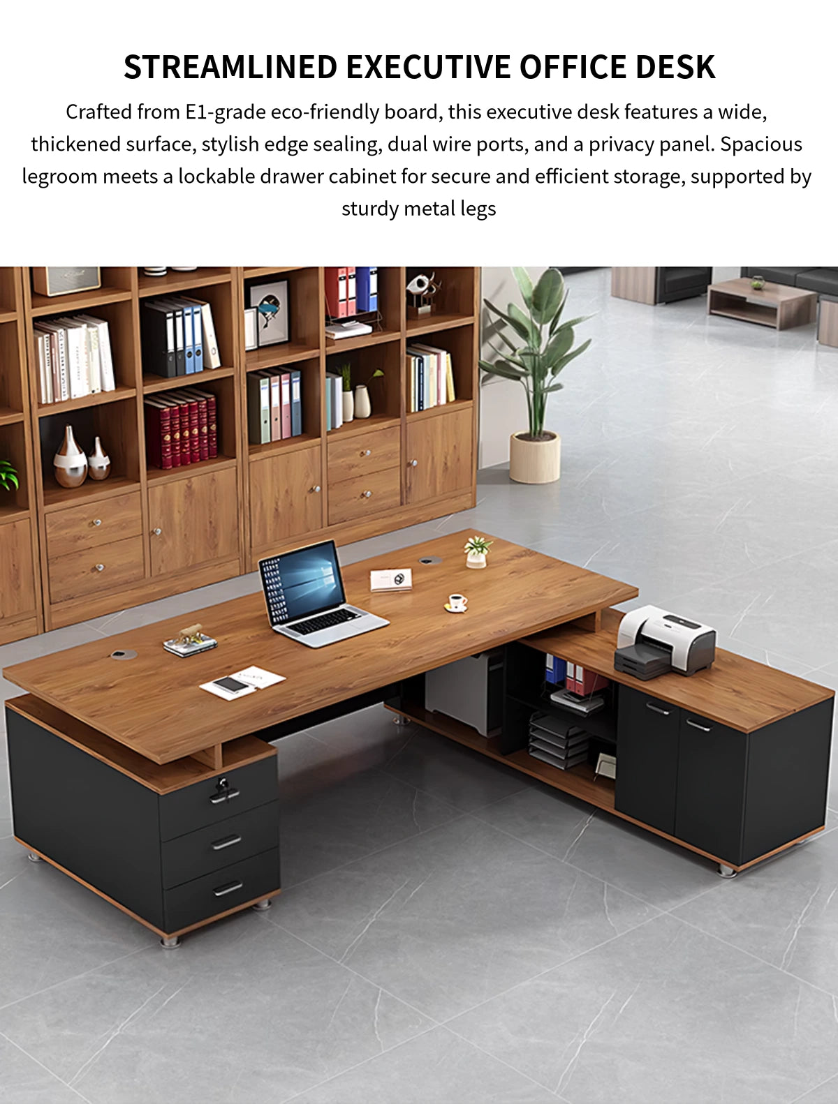 Modern Executive Desk with File Drawers, Privacy Panel & Cable Management for Home Office — Detail image 1