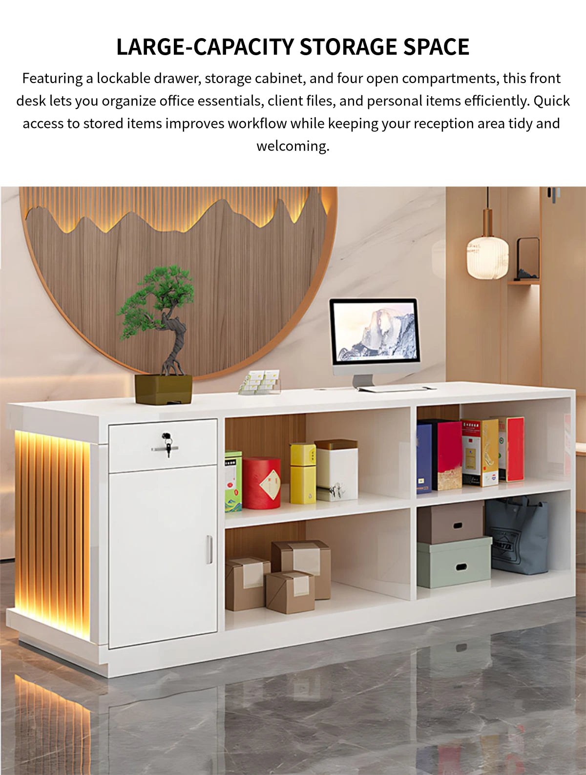 Salon Reception Desk 47-157 in Wide with LED Lighting & Lockable for Salon — Detail image 5