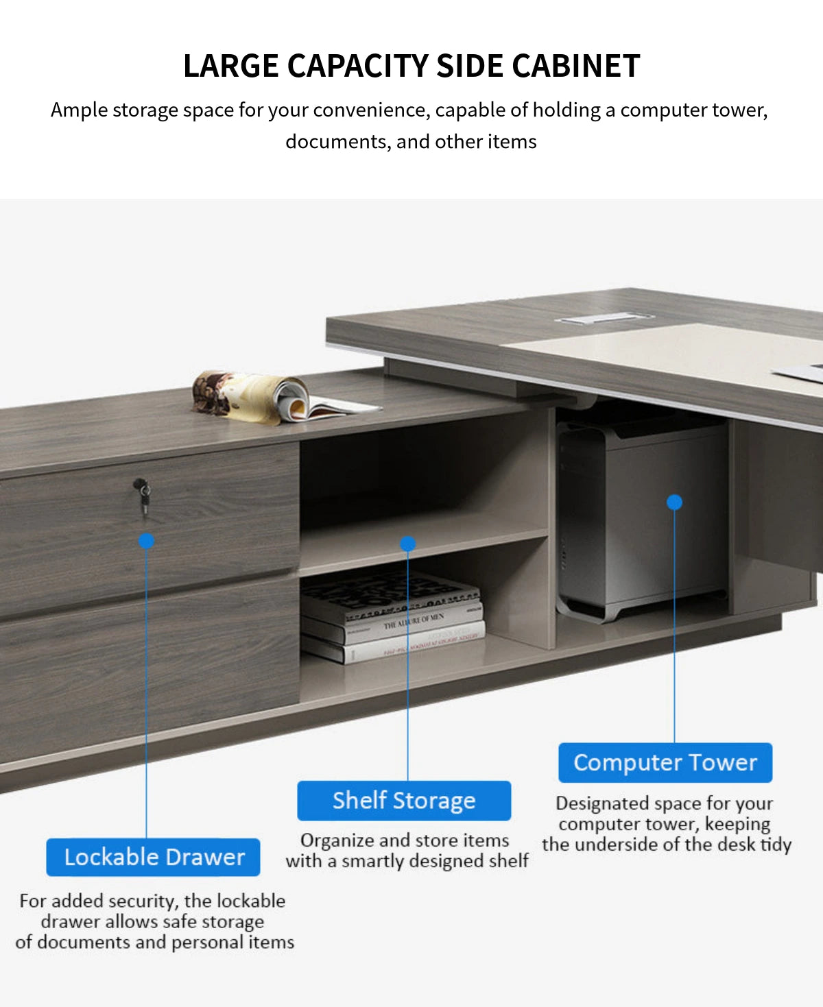 Modern Executive Desk with Solid Wood, Cable Management & Side Storage for Home Office — Detail image 7
