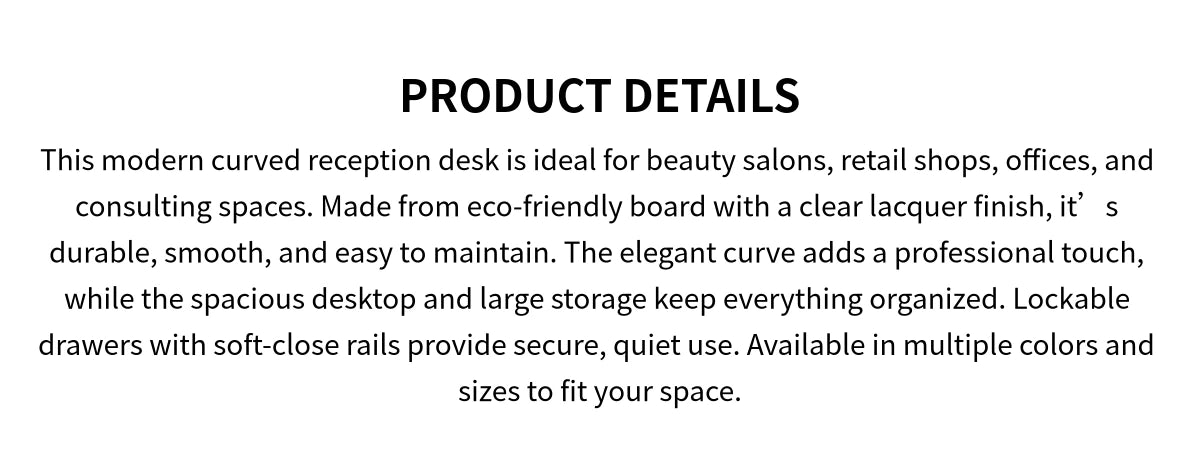 Curved Reception Desk 71-134 in Wide with Keyboard Tray, Lockable & File Drawers for Salon — Detail image 1