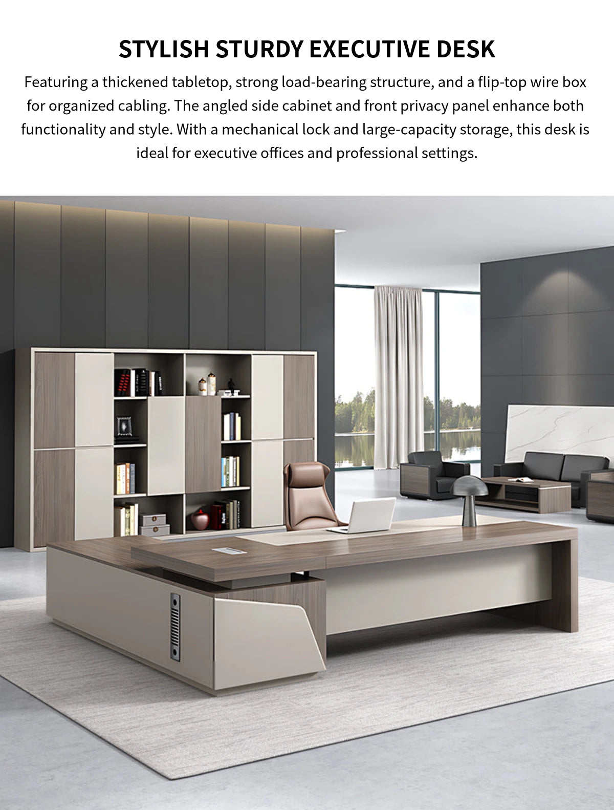 Modern Executive Desk with File Drawers, Side Storage & Lockable for Home Office — Detail image 1