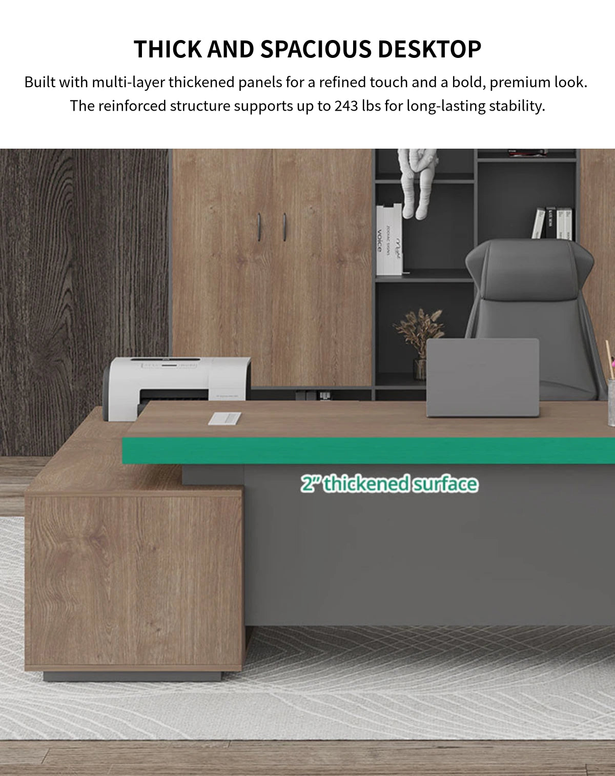Modern Executive Desk with Solid Wood, Cable Management & Side Storage for Home Office — Detail image 5