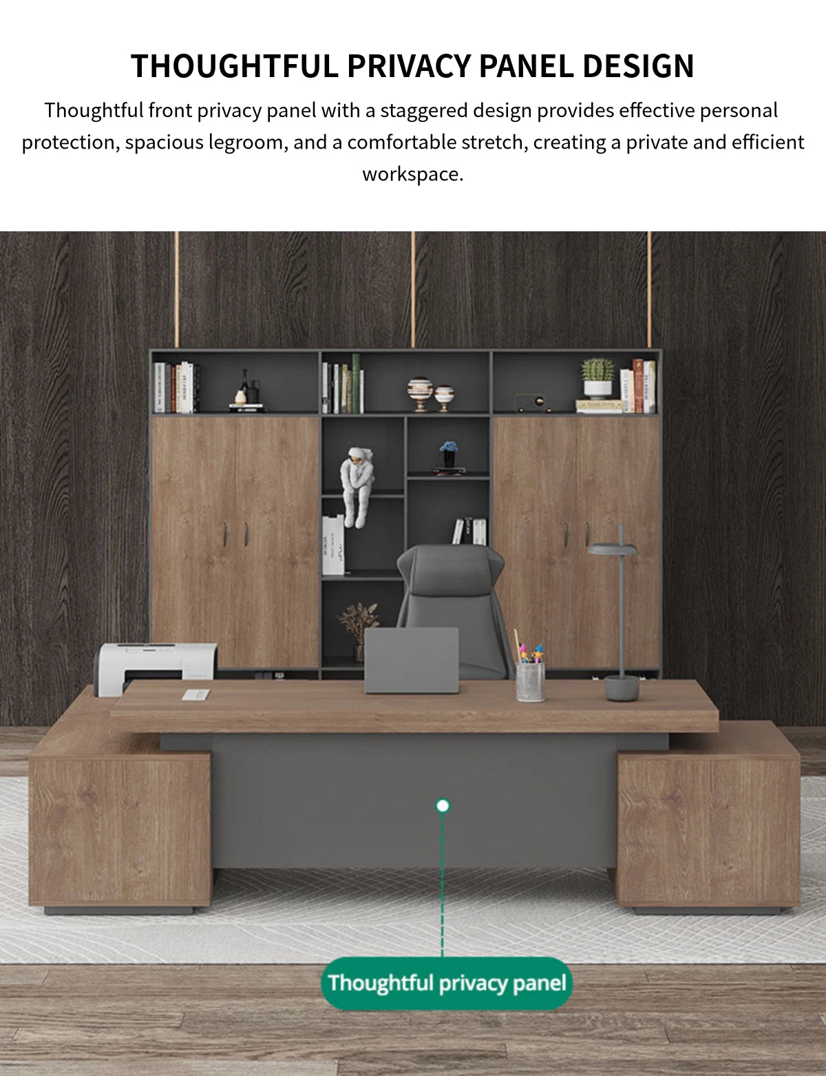 Modern Executive Desk with Solid Wood, Cable Management & Side Storage for Home Office — Detail image 7