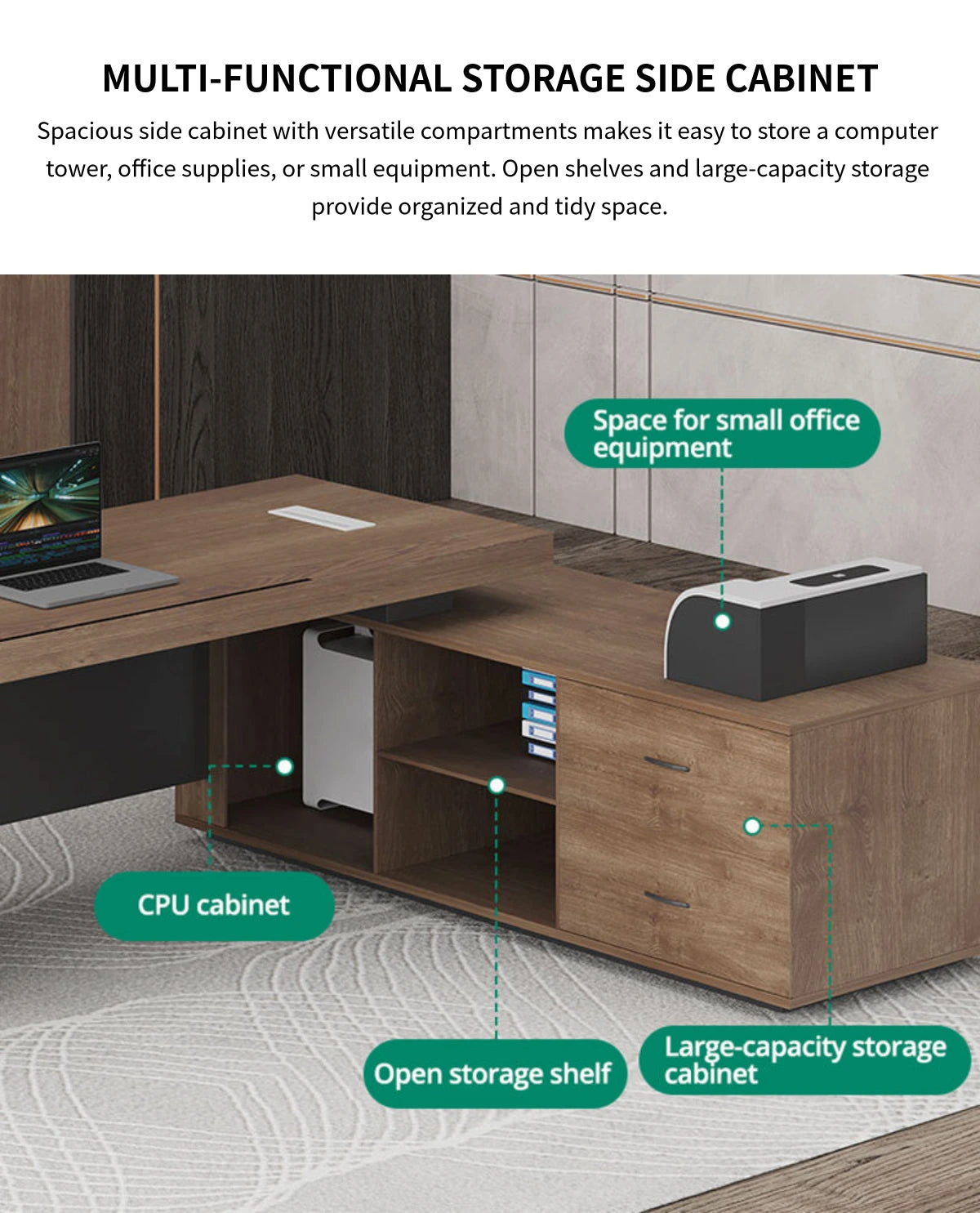 Modern Executive Desk with Solid Wood, Cable Management & Side Storage for Home Office — Detail image 8