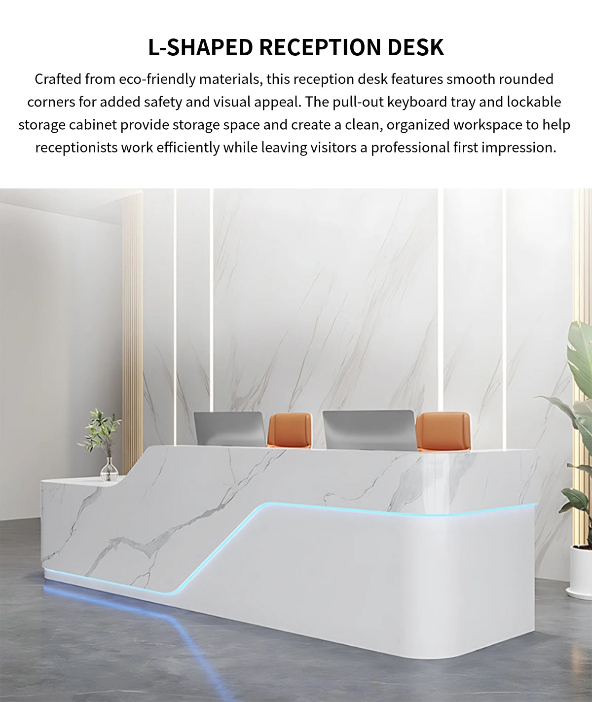 L-Shaped Reception Desk 79-142 in Wide with Keyboard Tray, Lockable & File Drawers — Detail image 1